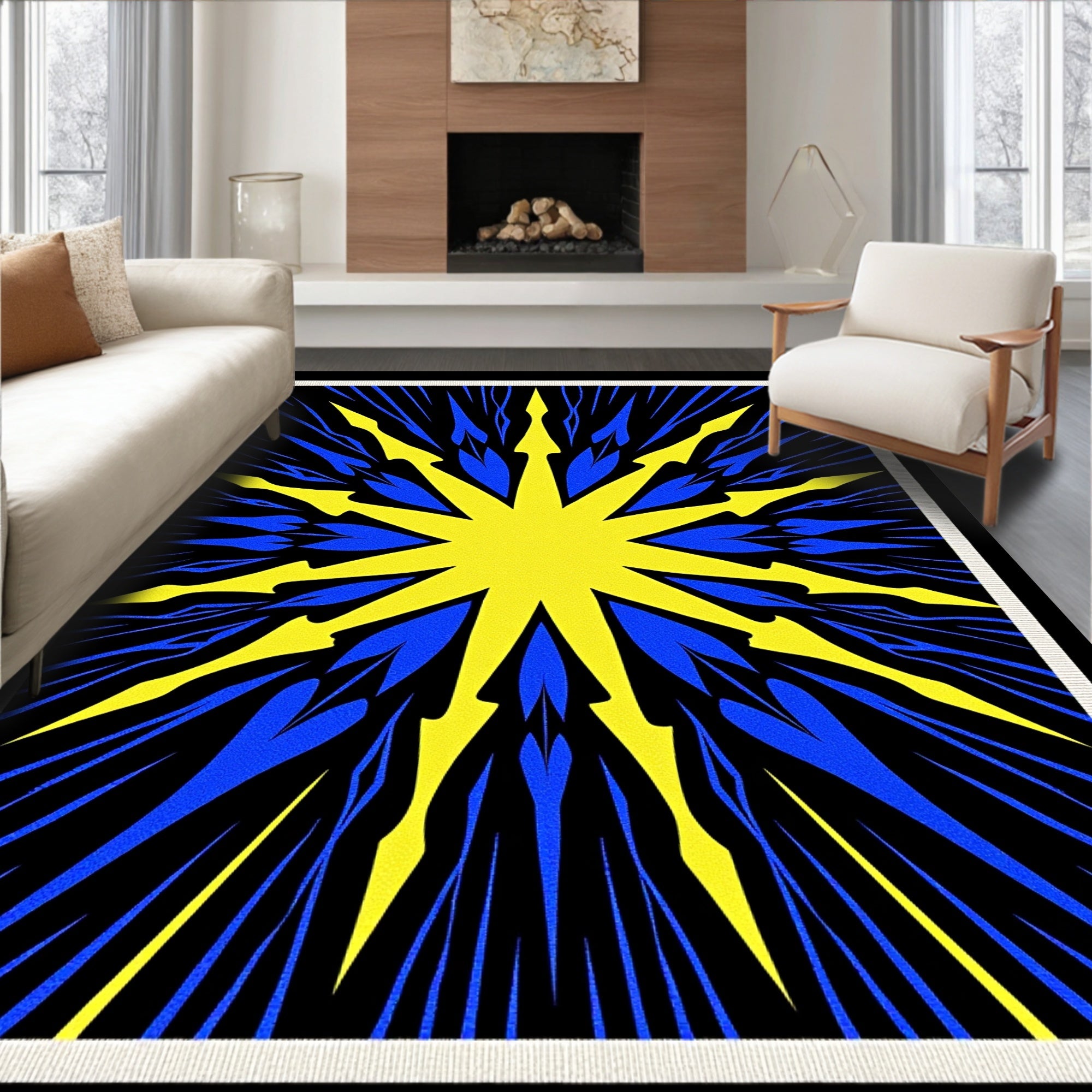 Radiant Yellow Blue Starburst Pattern Rug