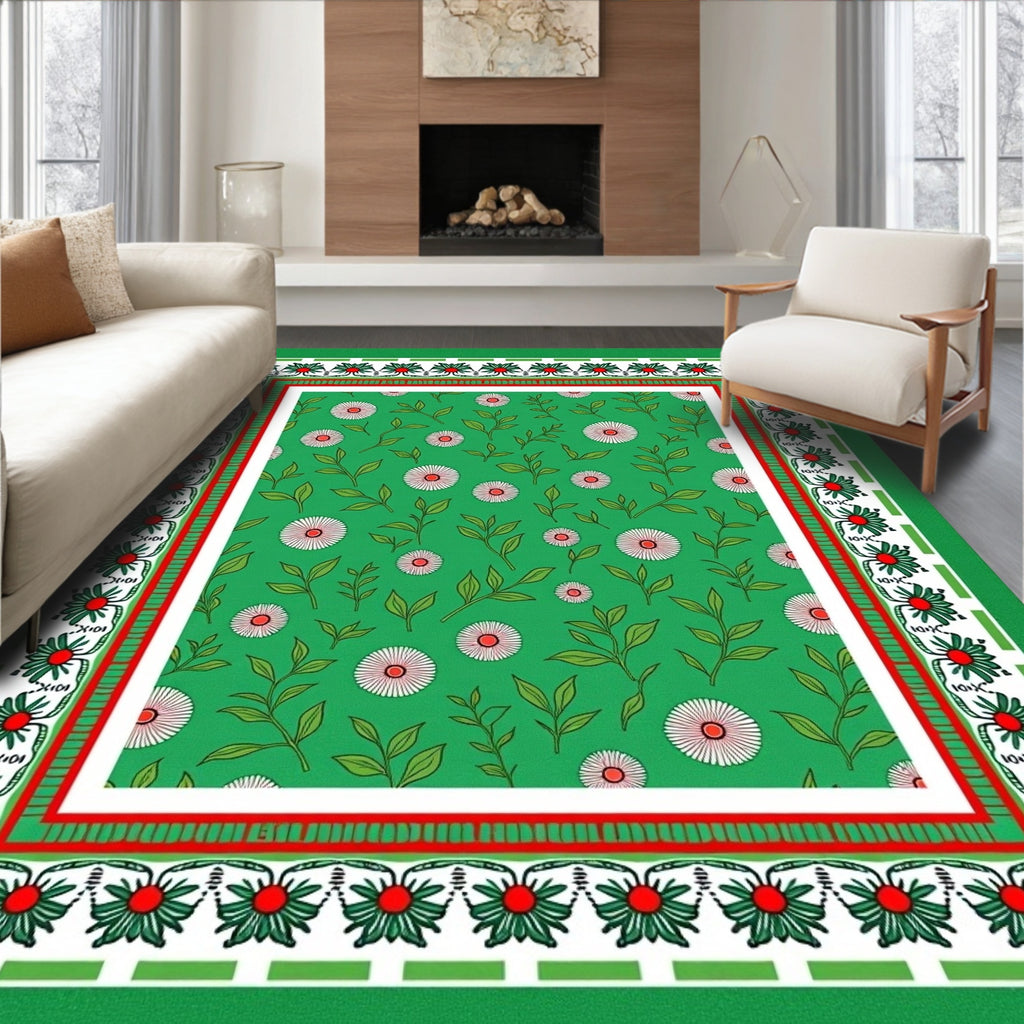Green Floral Leaf Pattern Rug