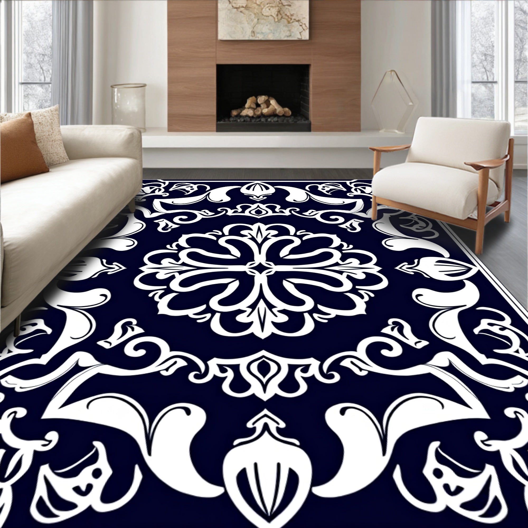 Ornate Floral Patterned Indigo Rug