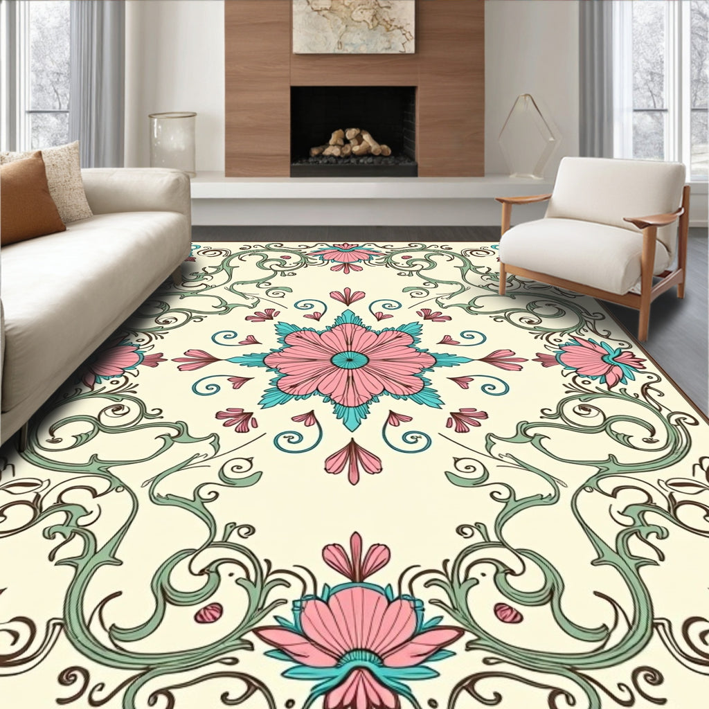 Elegant Pink Teal Floral Scrollwork Design Rug