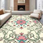 Elegant Pink Teal Floral Scrollwork Design Rug