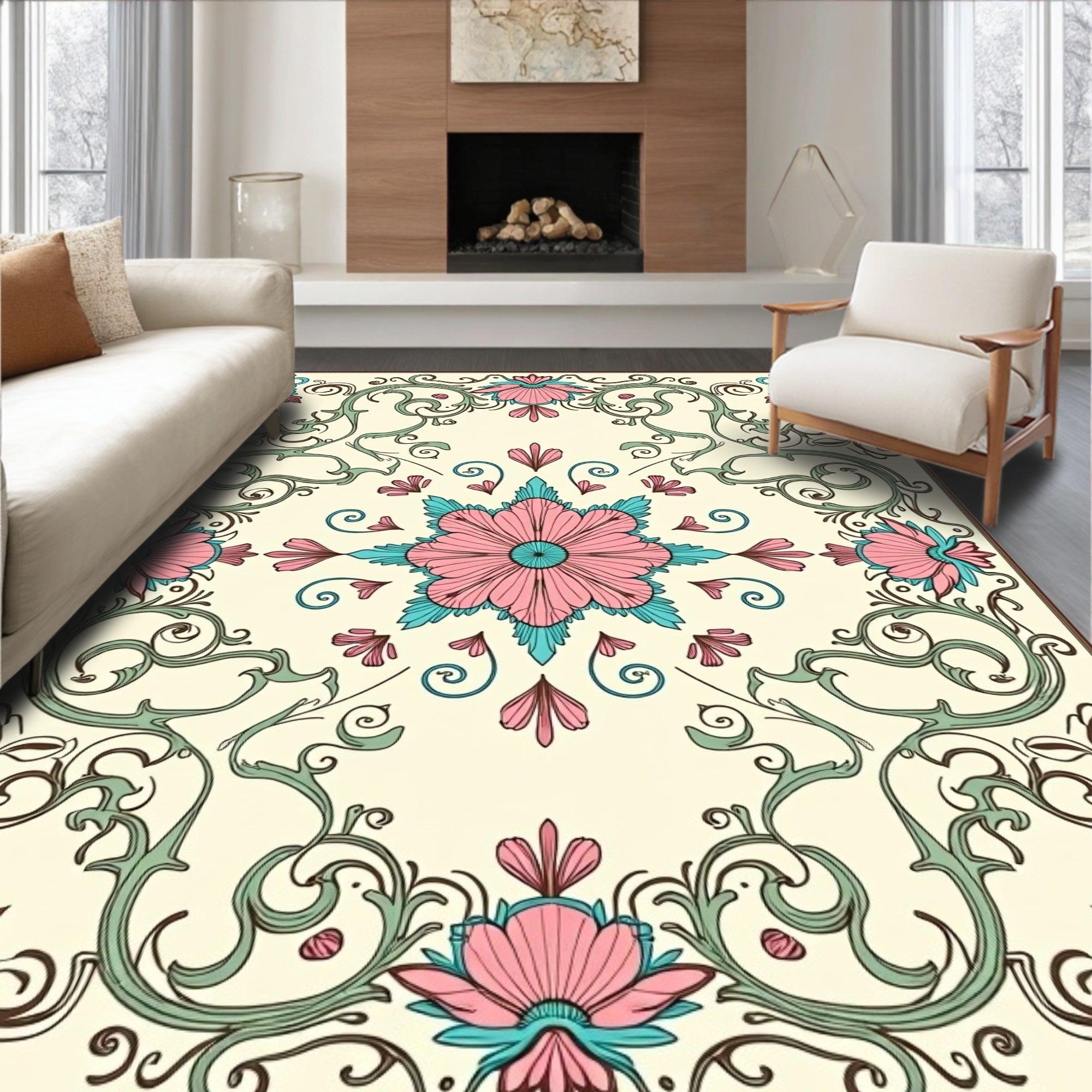Elegant Pink Teal Floral Scrollwork Design Rug