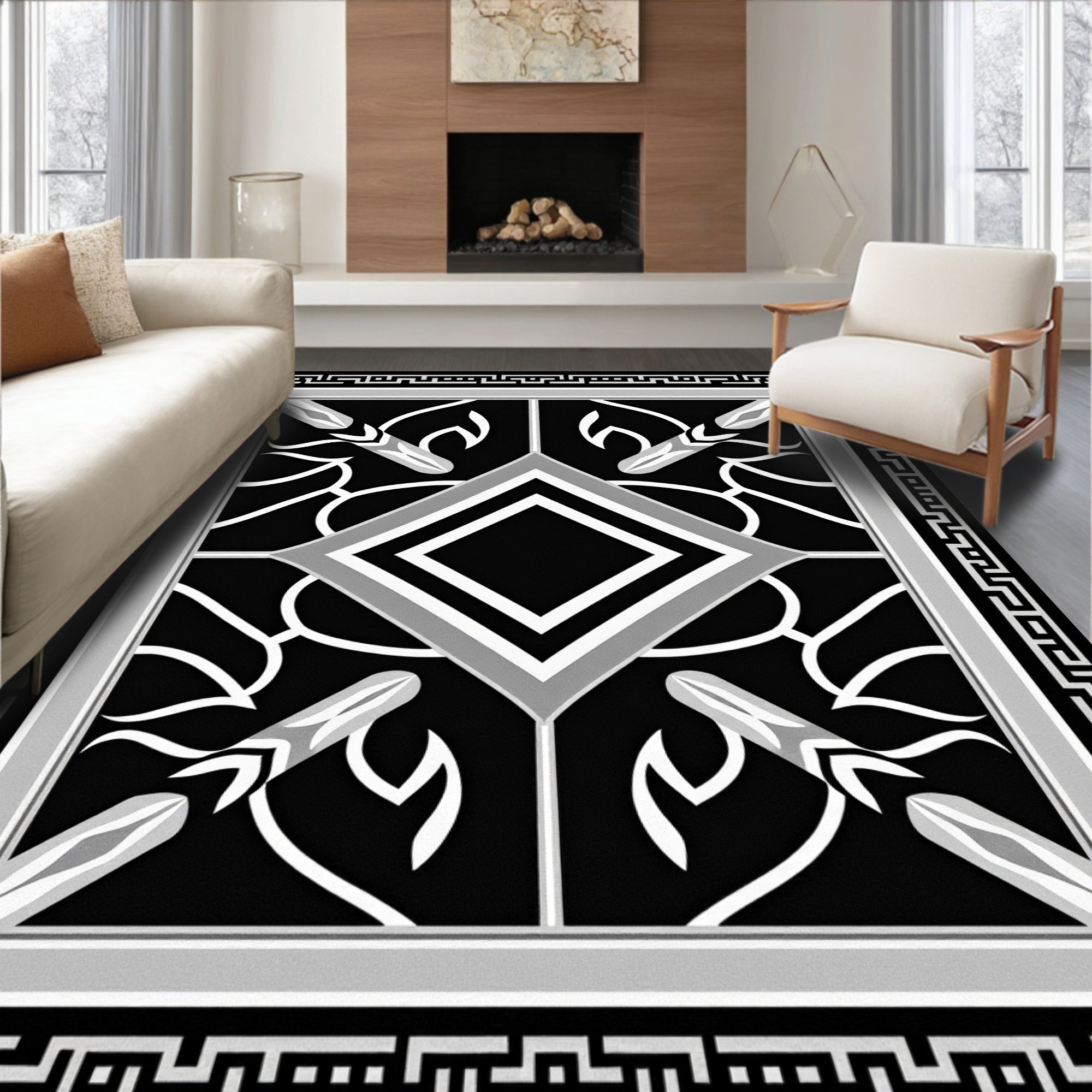 Monochrome Art Deco Diamond Motif Rug
