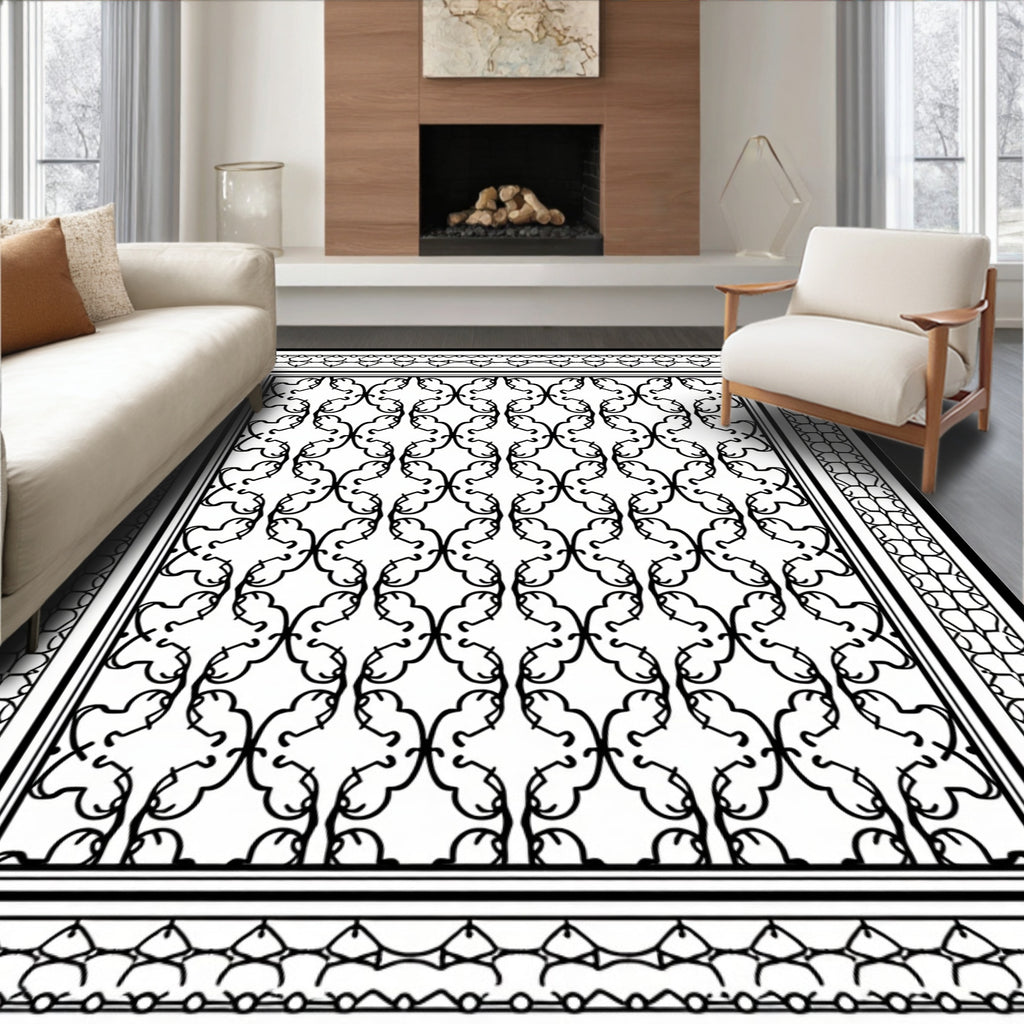 Intricate Black White Swirl Motif Rug