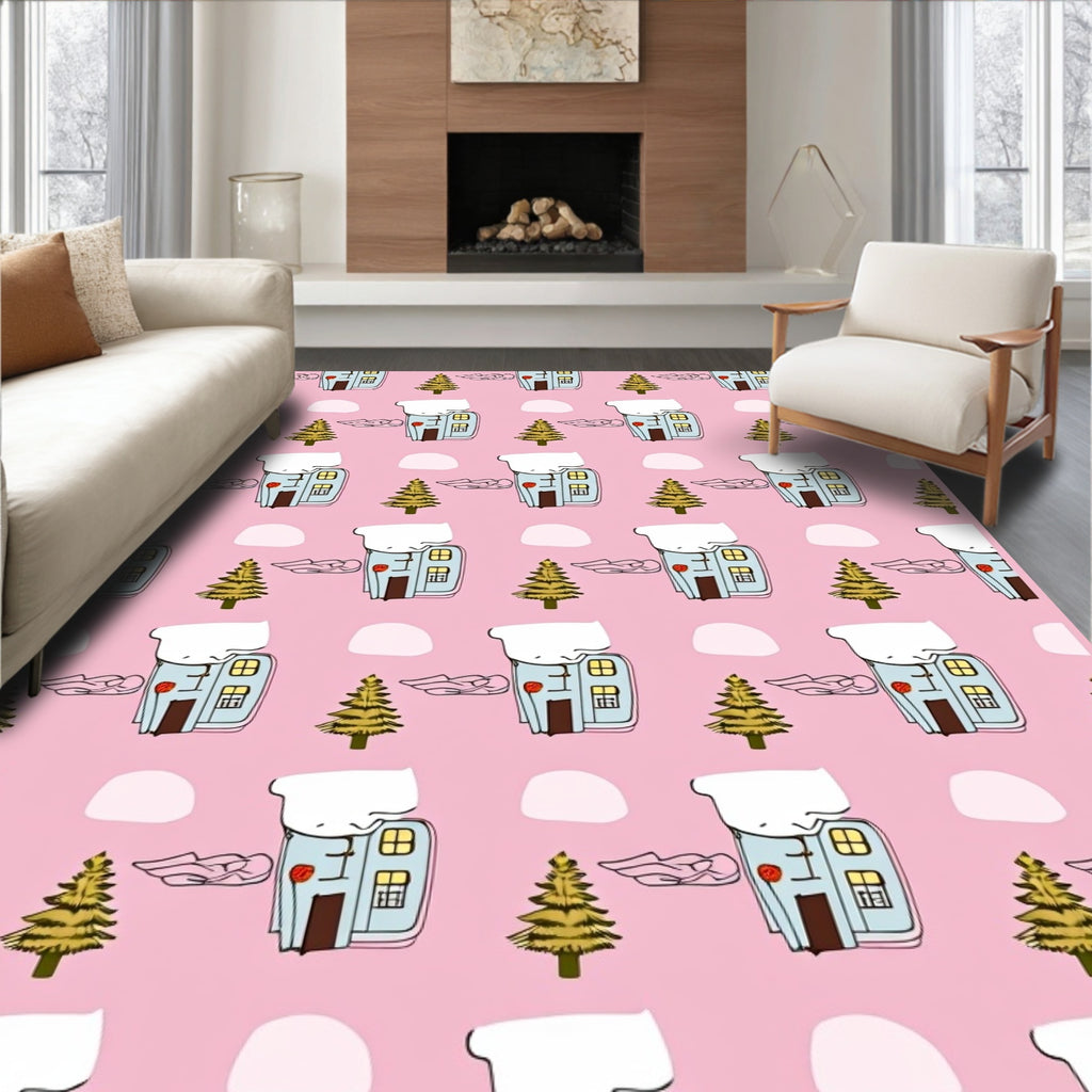 Winter Village Snowy House Trees Rug