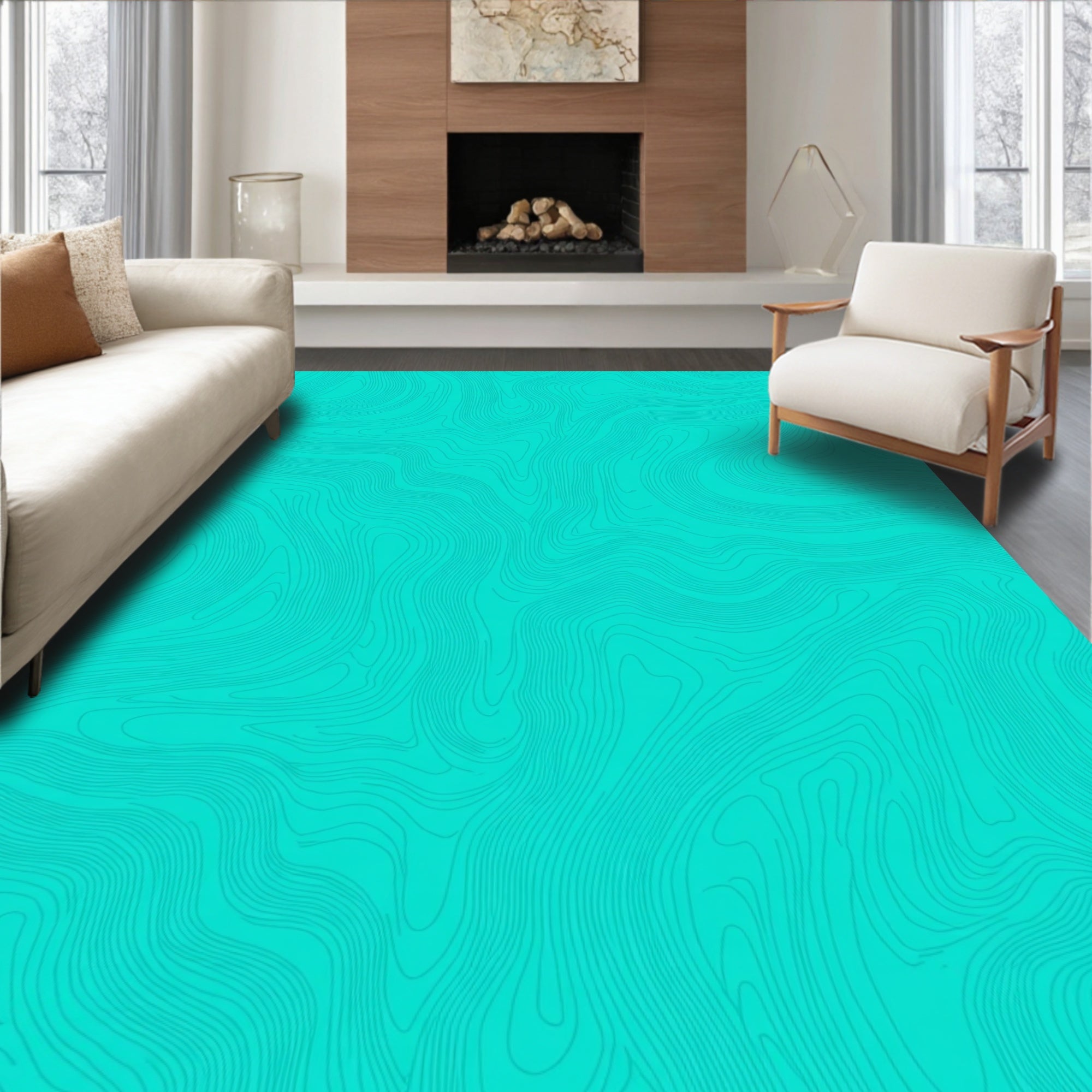 Abstract Turquoise Wavy Contour Pattern Rug