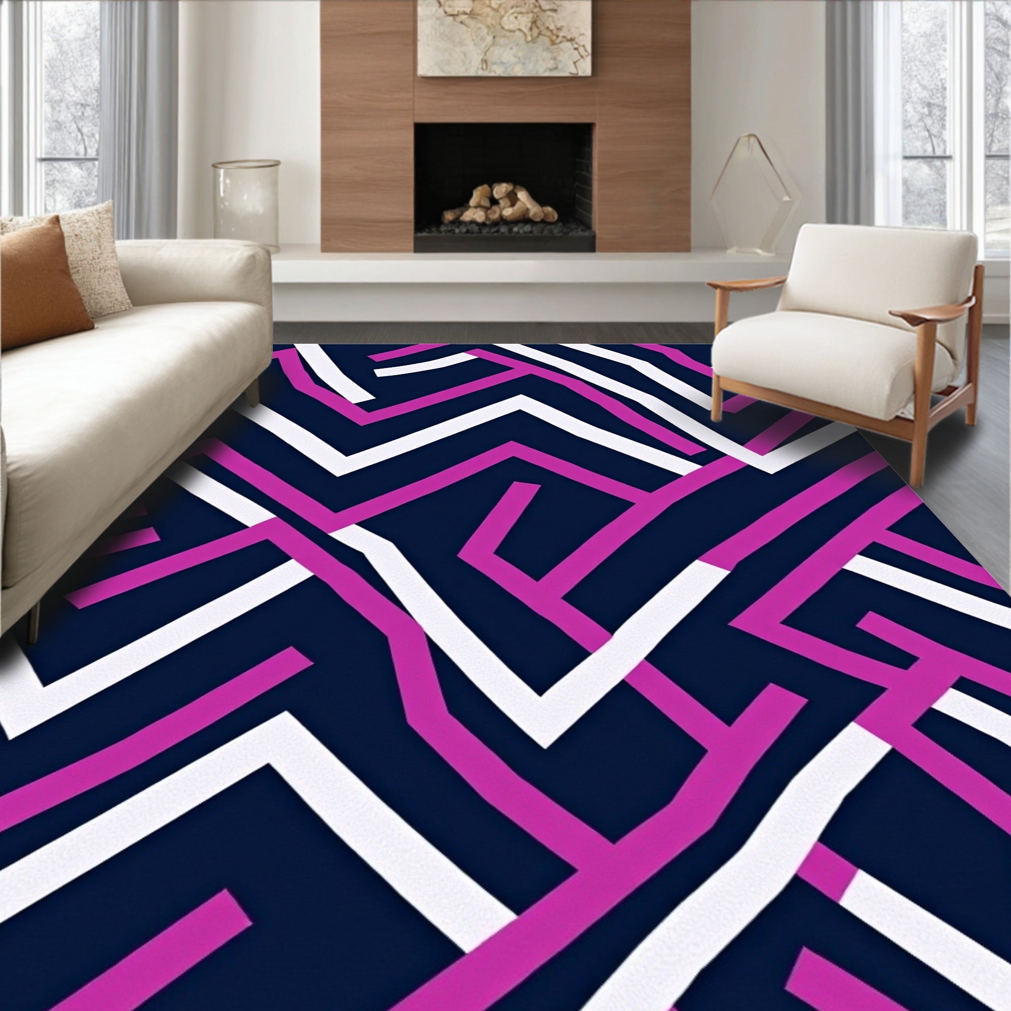 Abstract Pink White Geometric Maze Rug