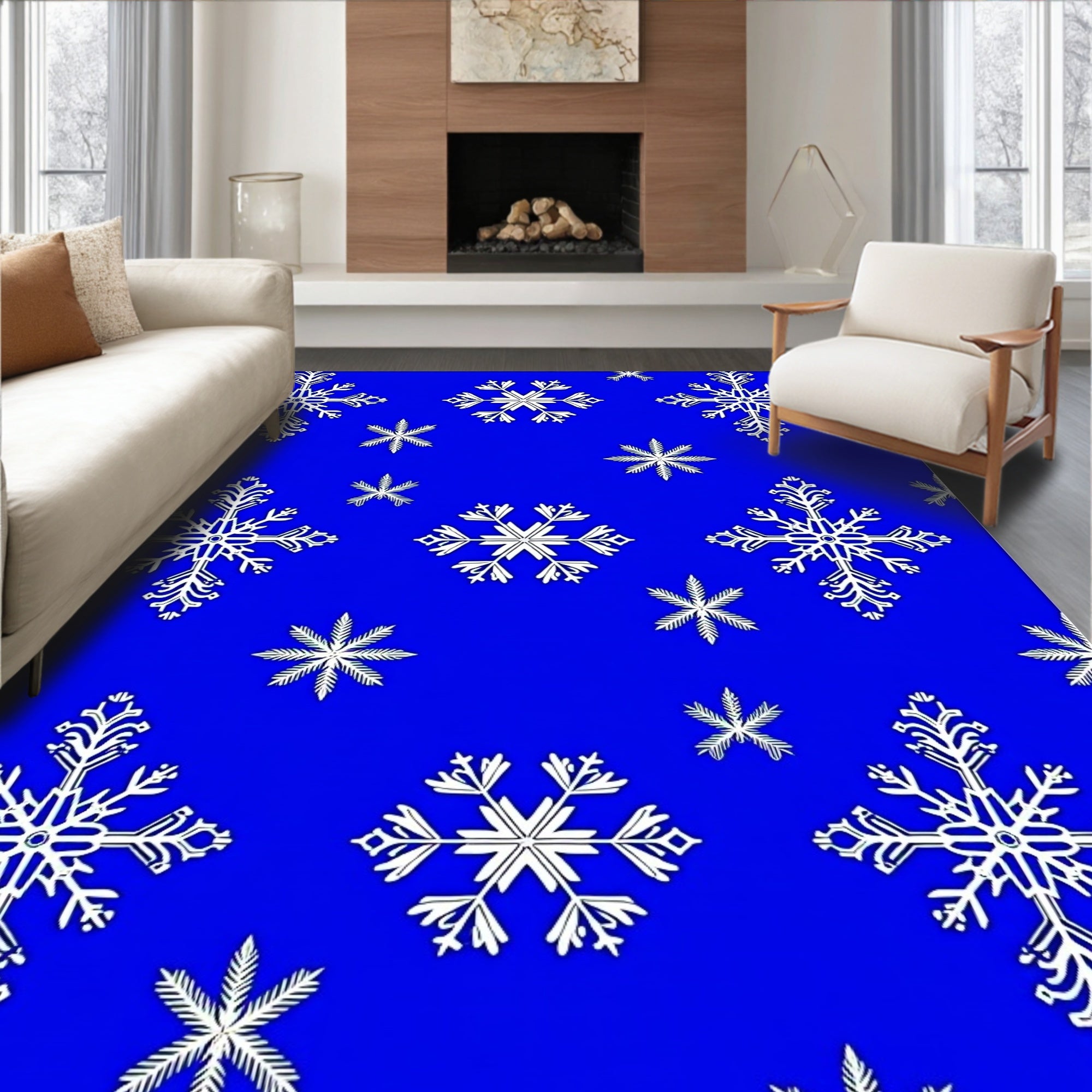 White Snowflakes on Blue Pattern Rug