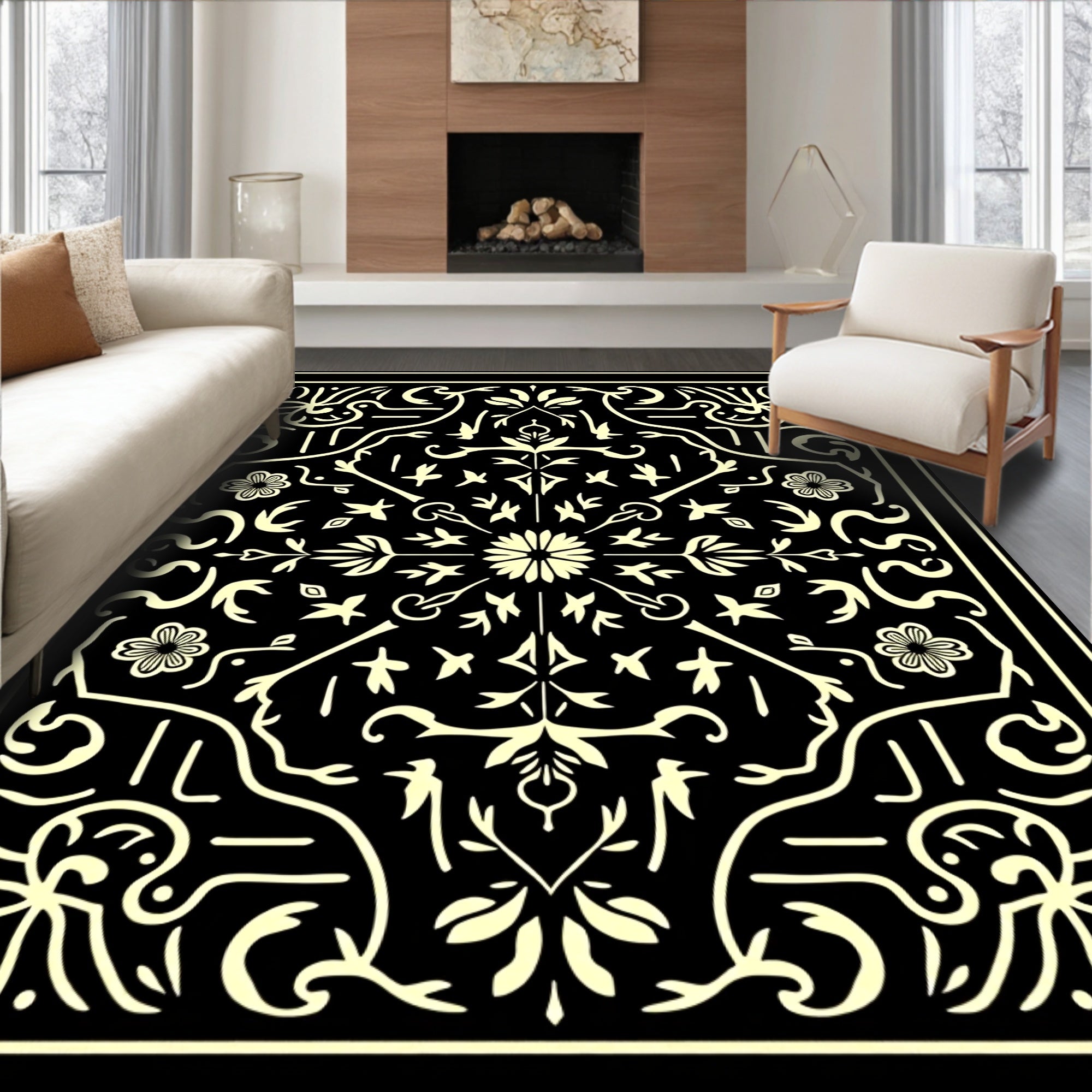 Black Cream Floral Swirl Pattern Rug