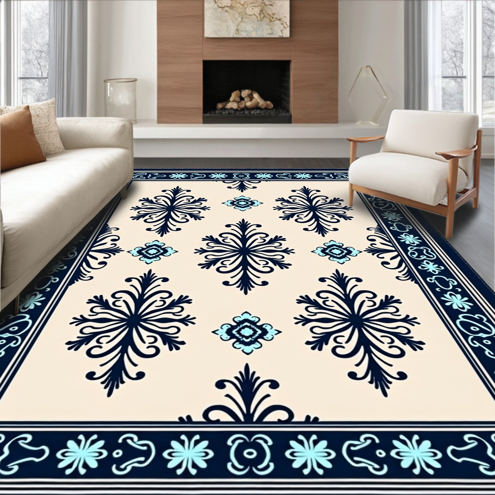 Dark Navy and Teal Floral Damask Rug