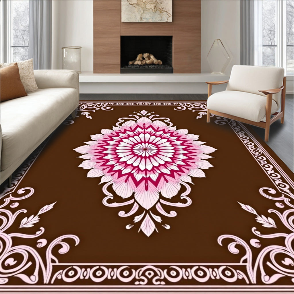 Ornate Floral Mandala Brown Pink Rug