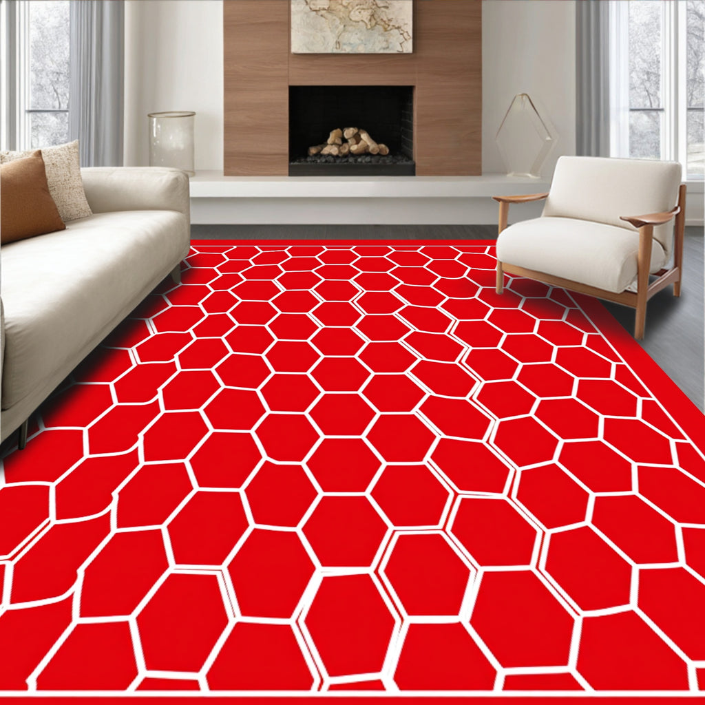 Red White Irregular Hexagon Pattern Rug
