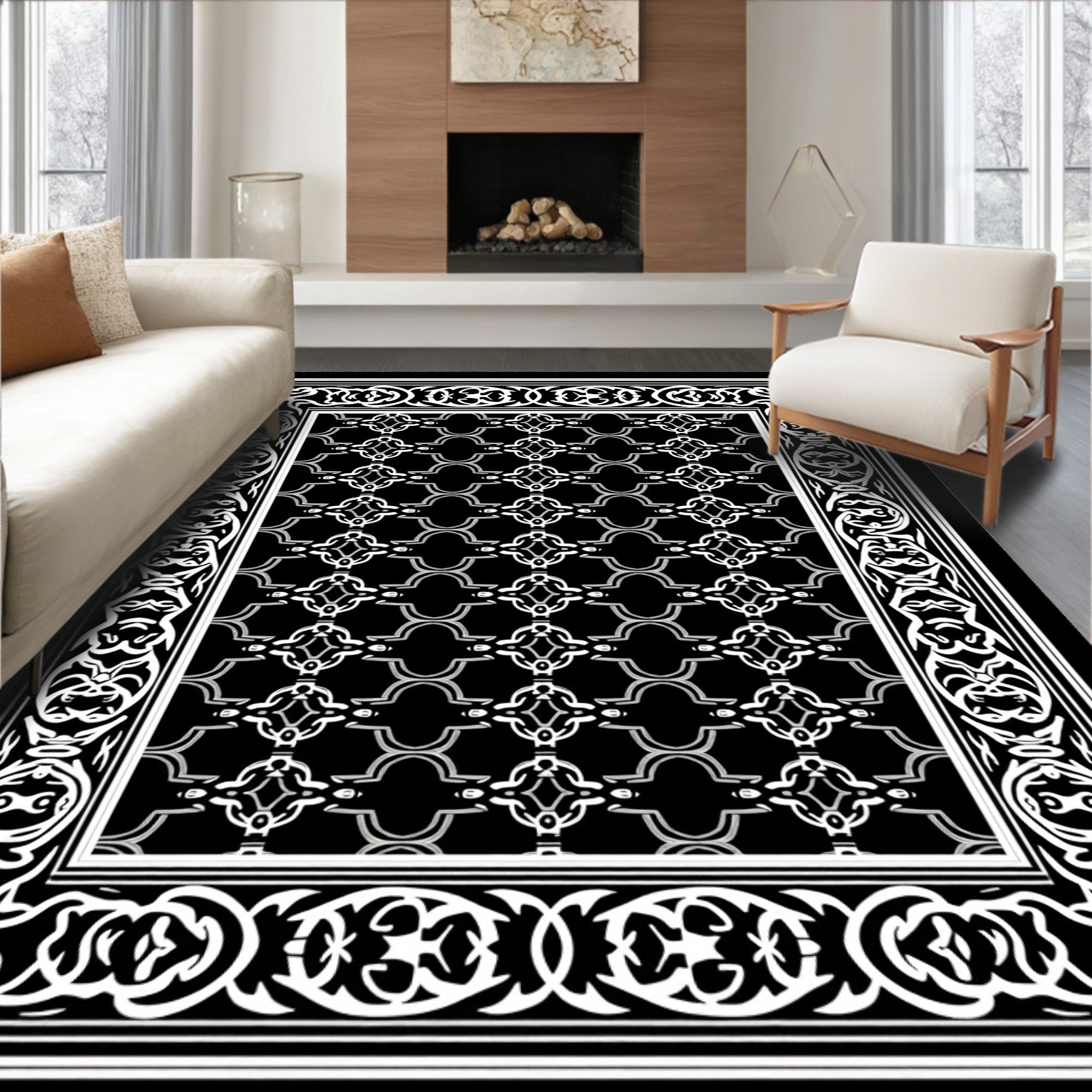 Elegant Black White Ornamental Rug