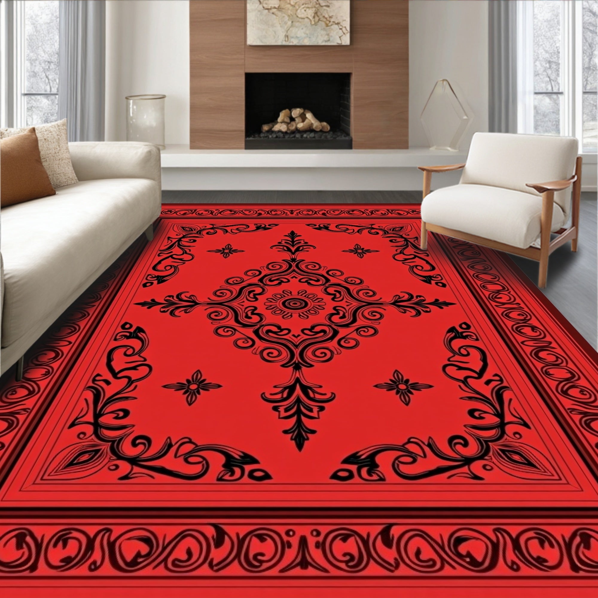 Elegant Red Floral Scroll Rug