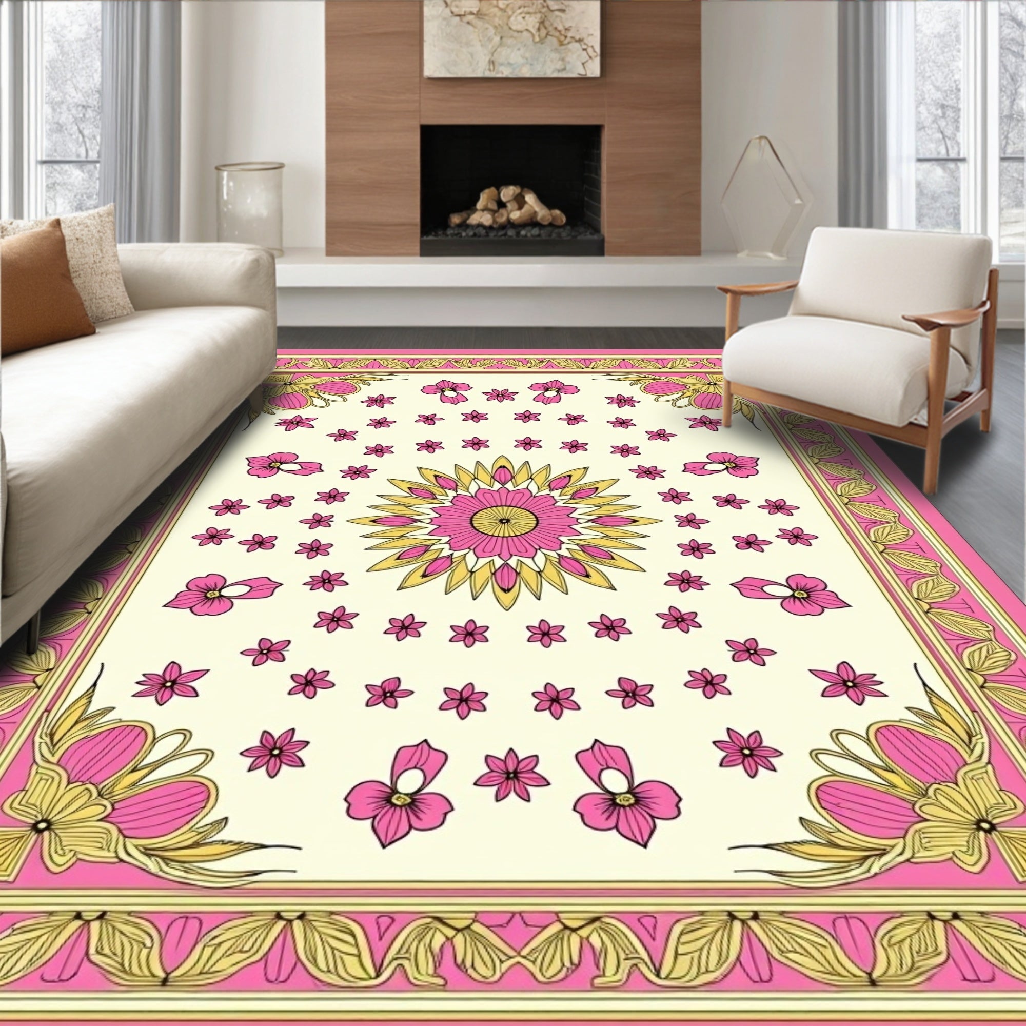 Pink Gold Floral Medallion Pattern Rug