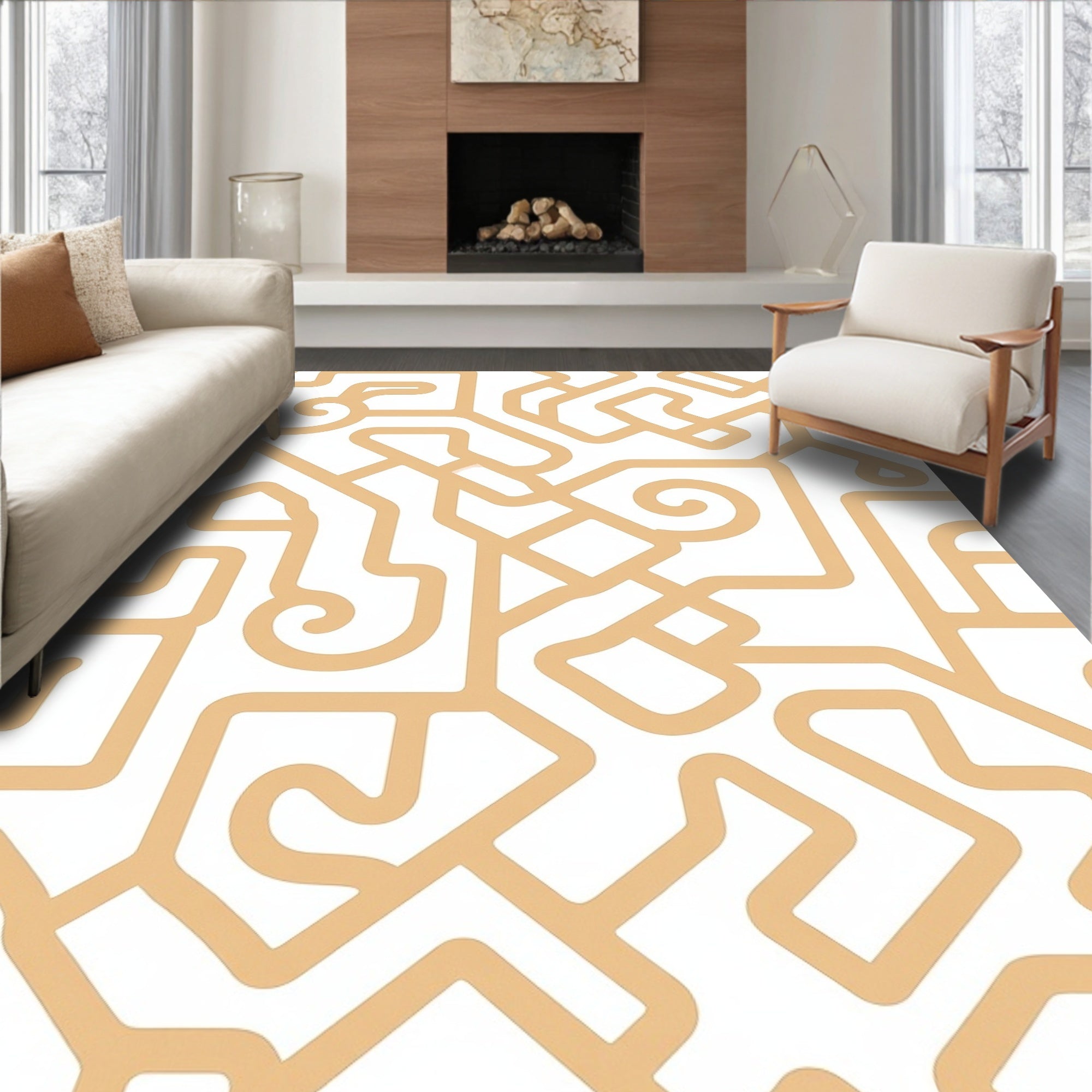 Beige Swirl Linear Pattern Rug