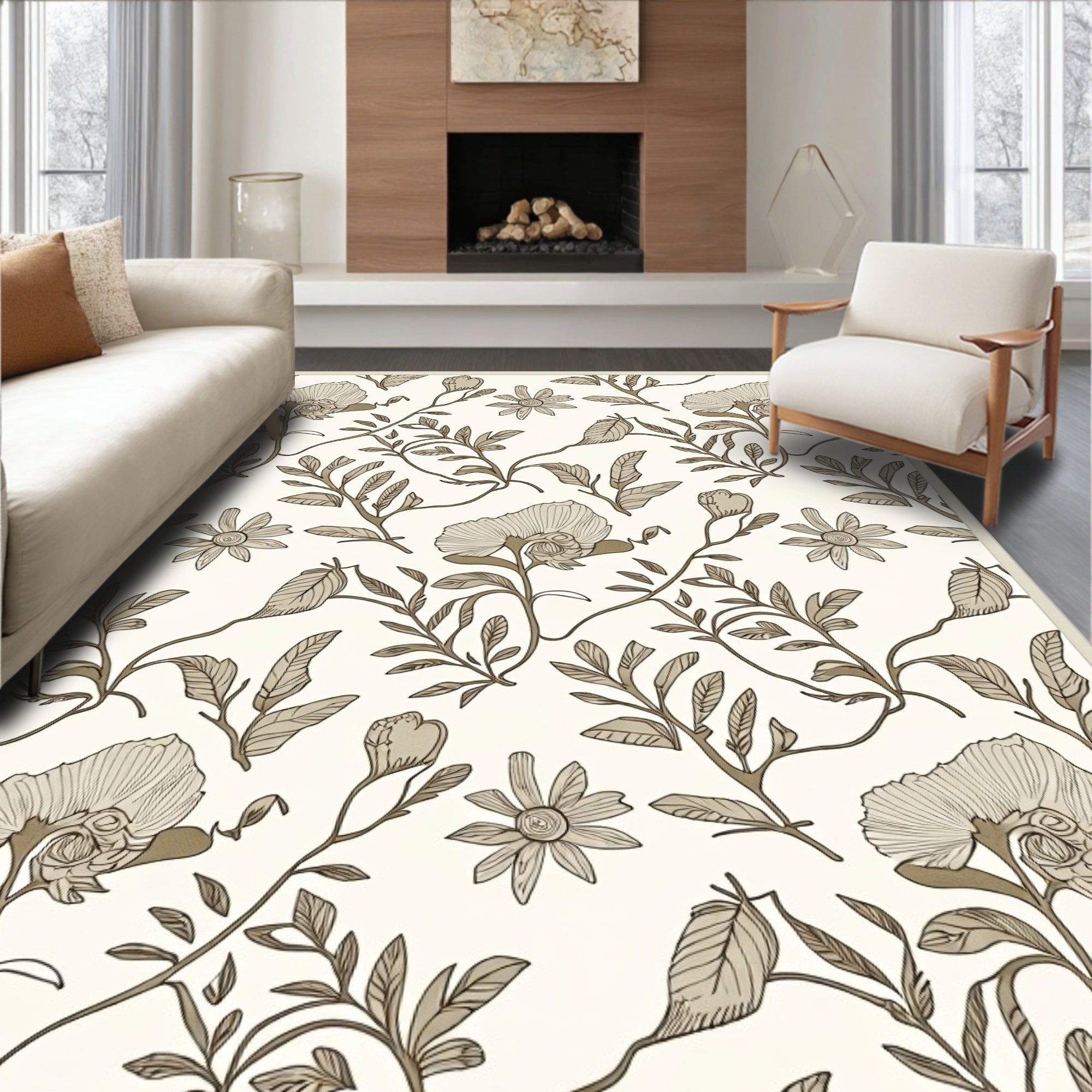Delicate Floral Patterned Neutral Rug