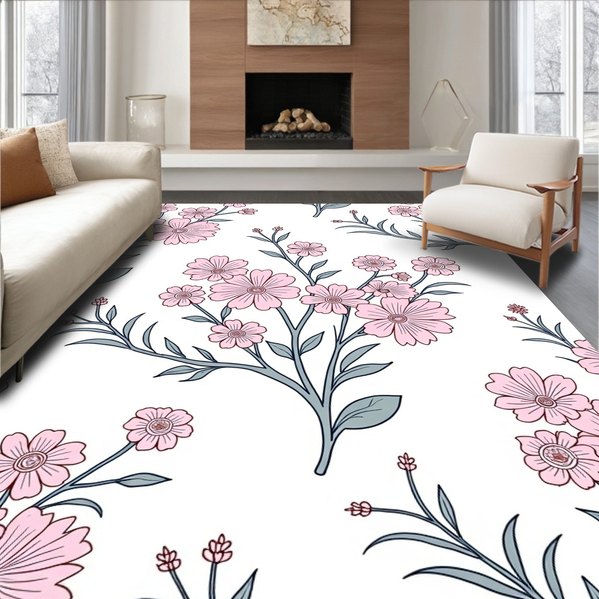 Pink Petal Branch Pattern Rug