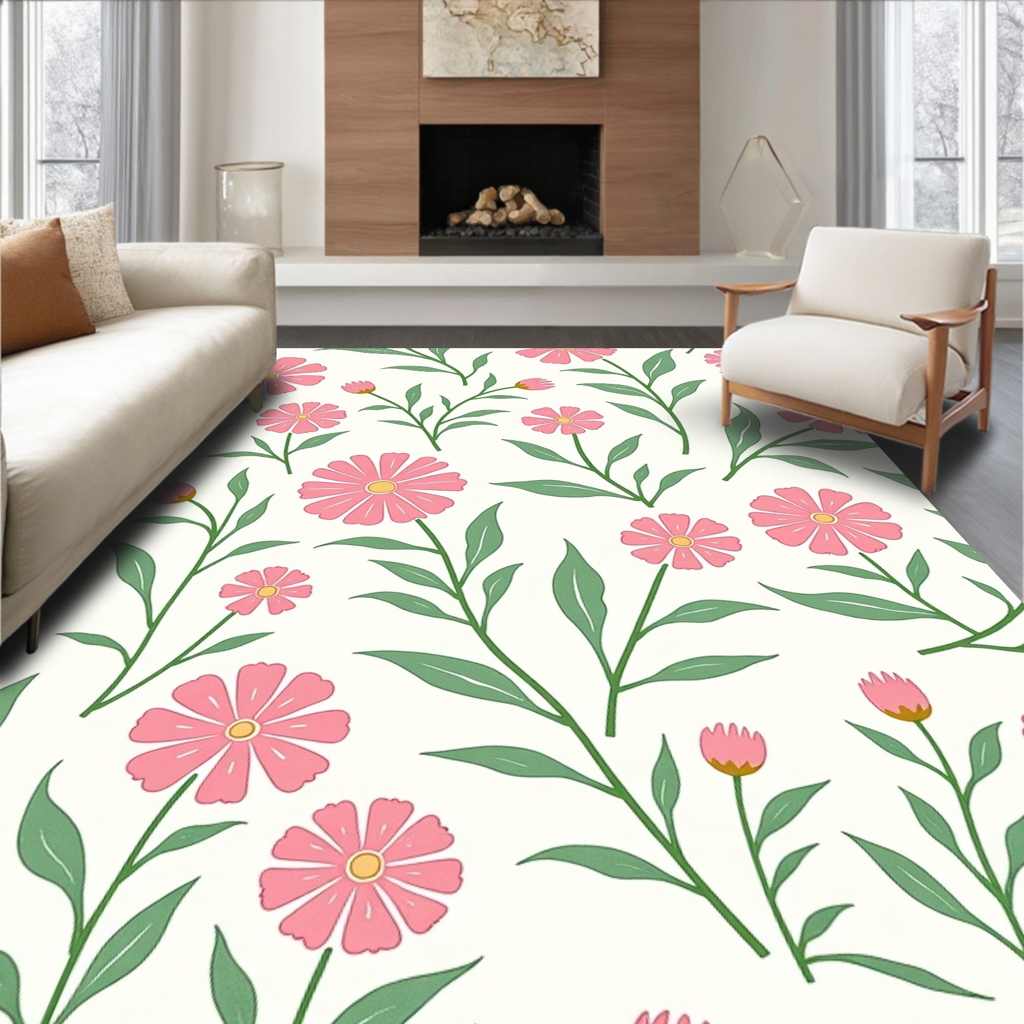 Pink Daisy Floral Pattern Rug