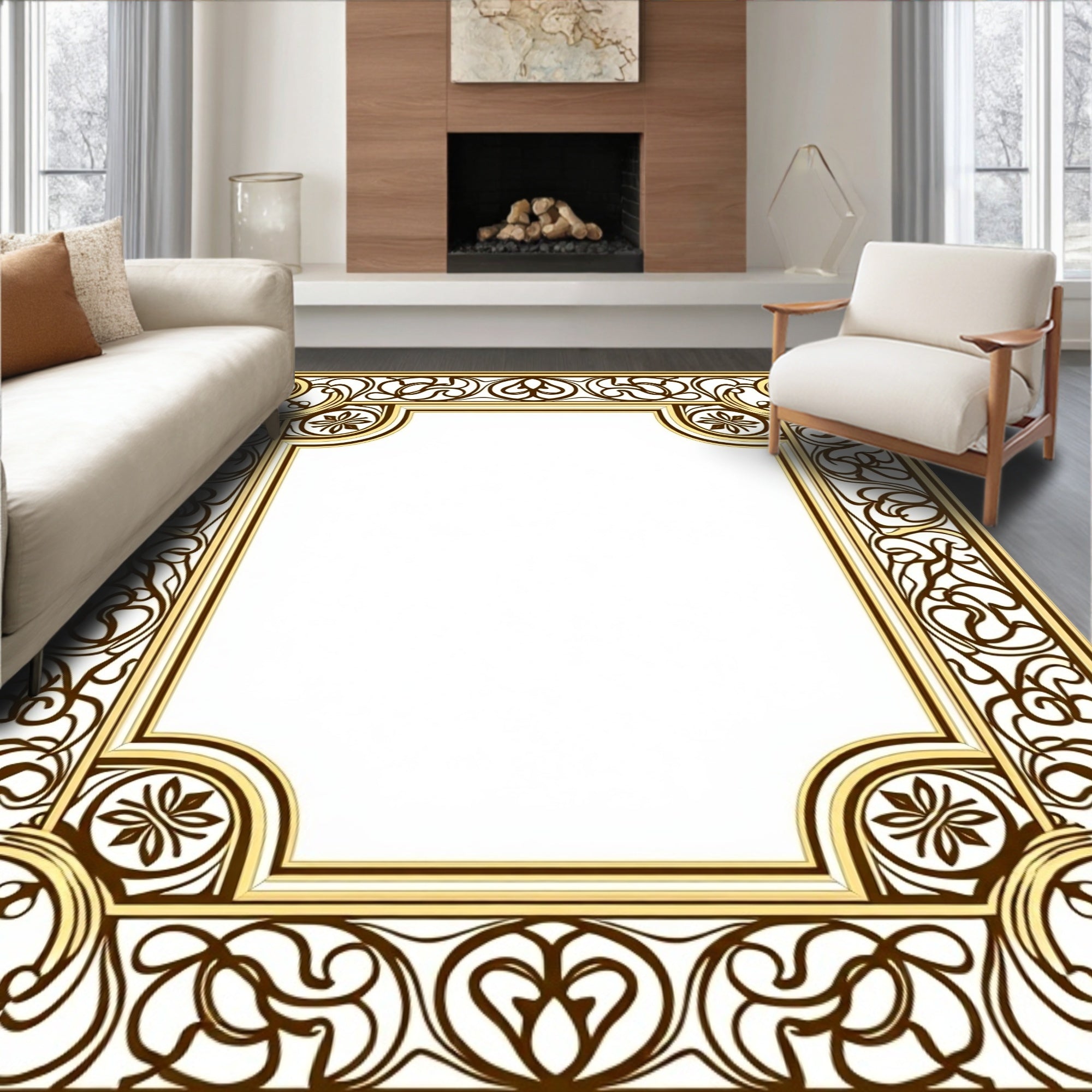 Ornate Golden Scrollwork Pattern Rug