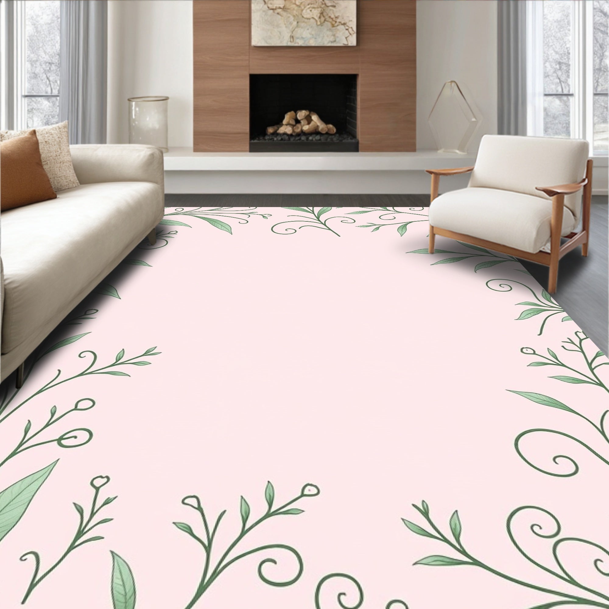 Delicate Green Swirl Floral Border Rug