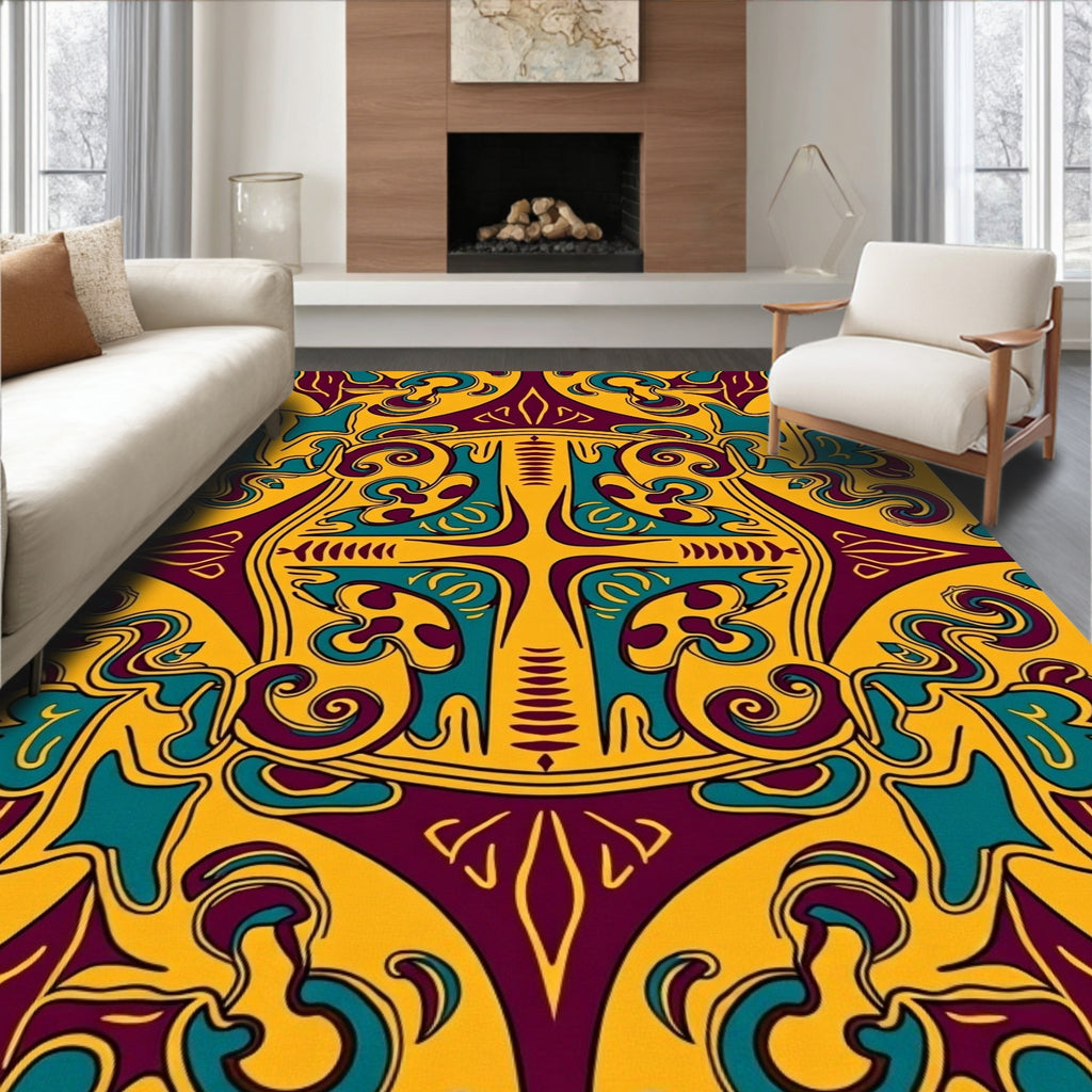 Stylized Yellow Teal Burgundy Medallion Rug