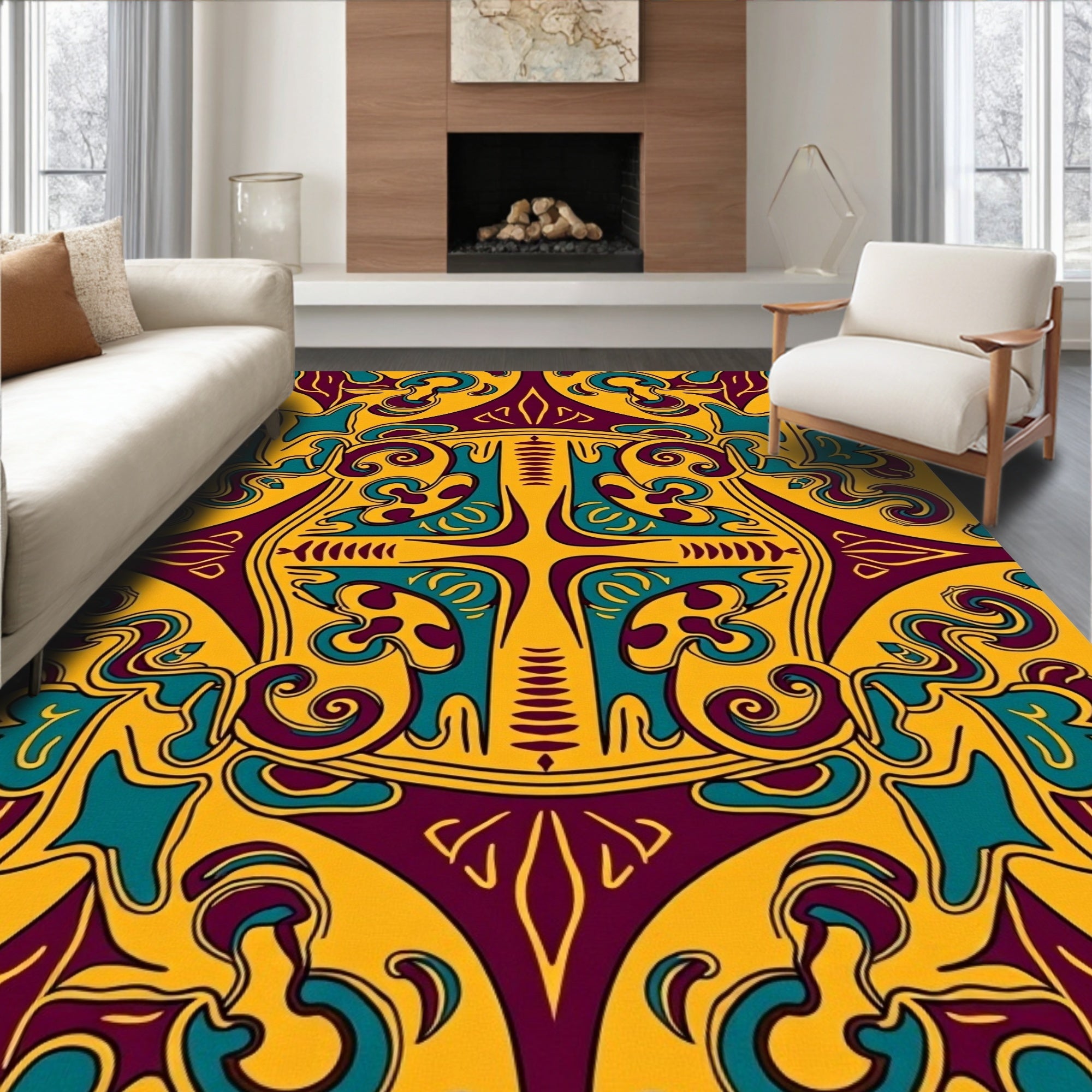 Stylized Yellow Teal Burgundy Medallion Rug