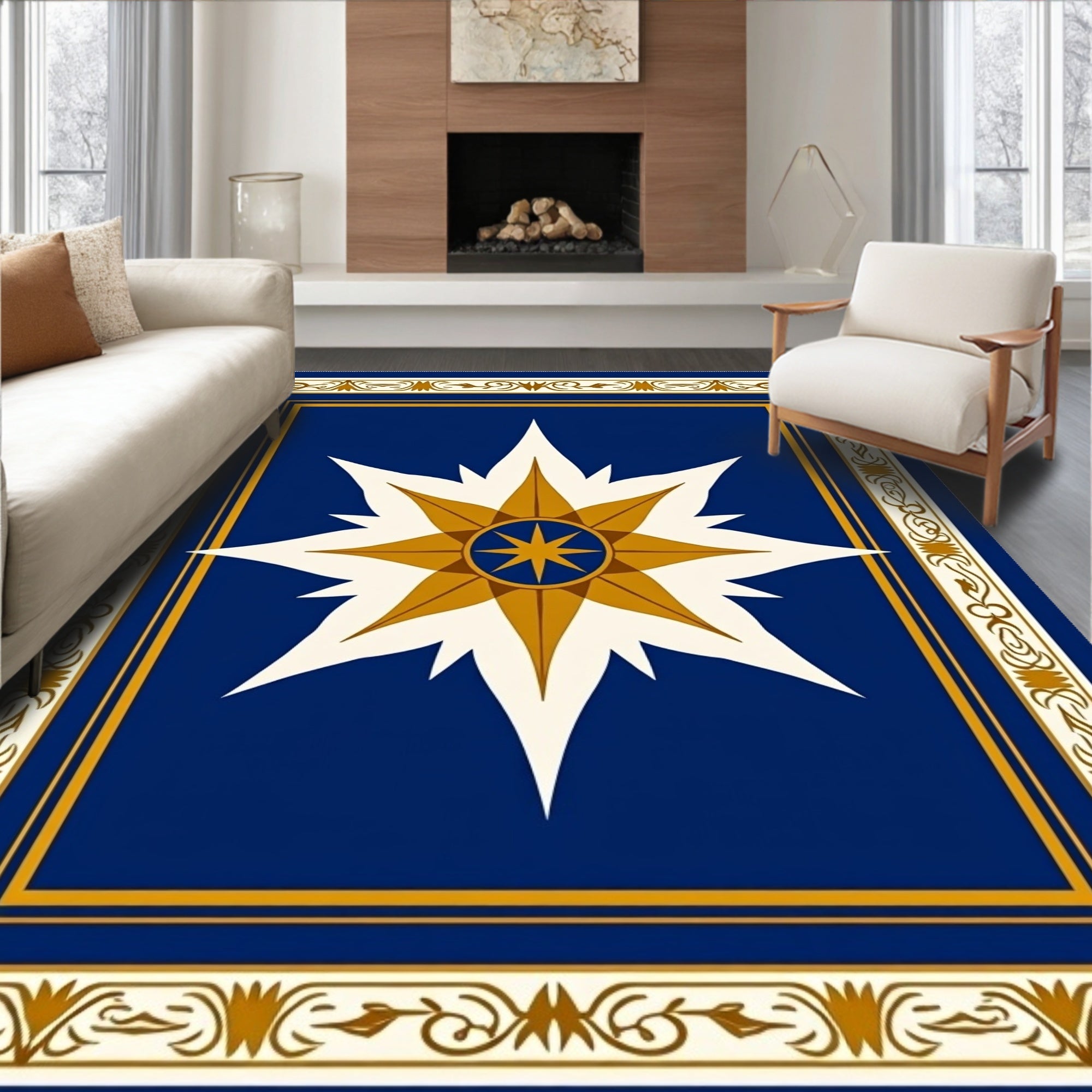 Golden Starburst On Royal Blue Border Rug