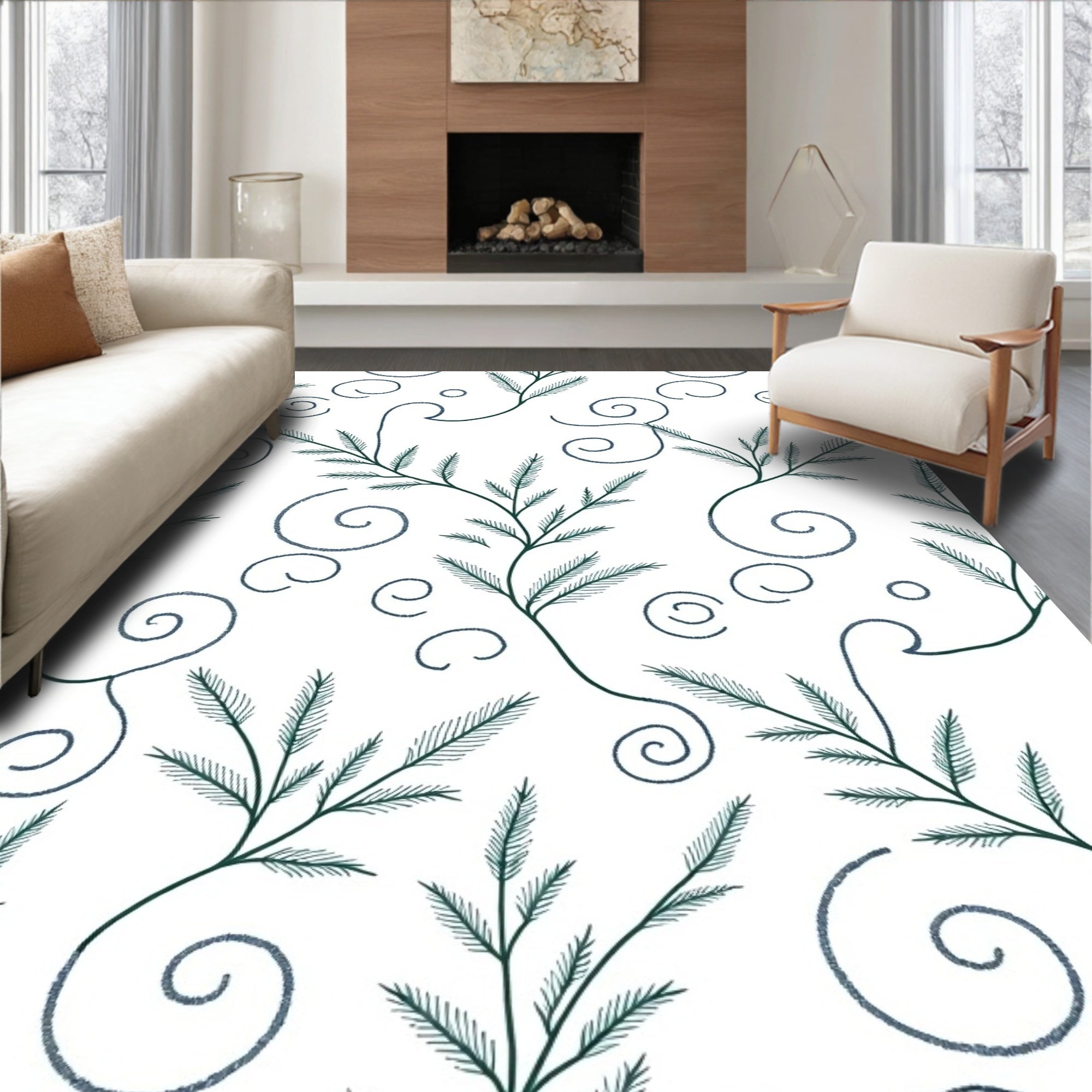 Green Fir Twig Swirls Rug