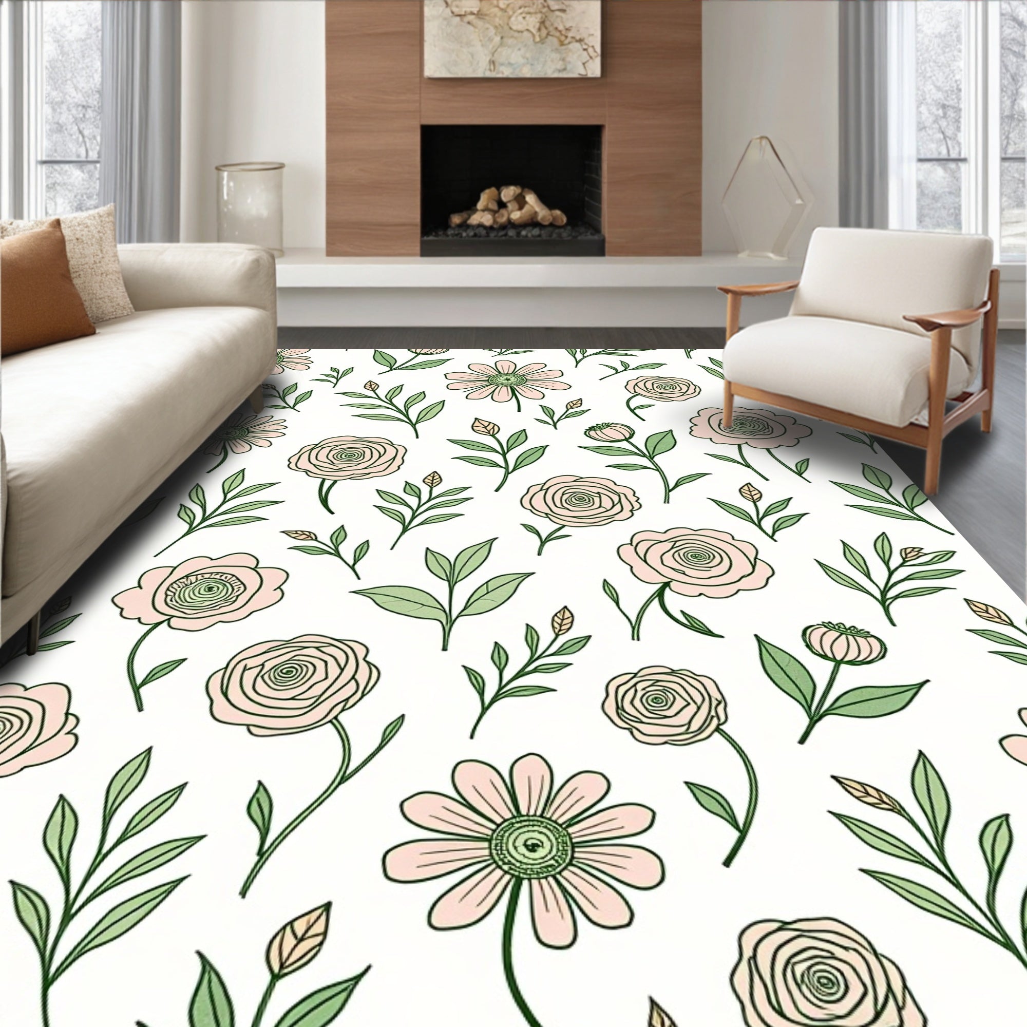 Whimsical Pink Floral Botanical Pattern Rug