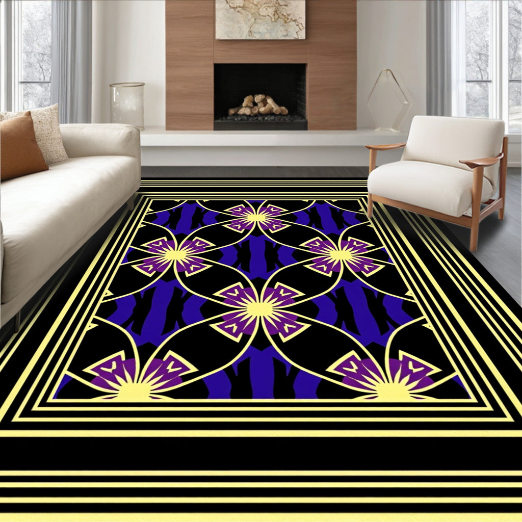 Golden Geometric Floral Patterned Rug
