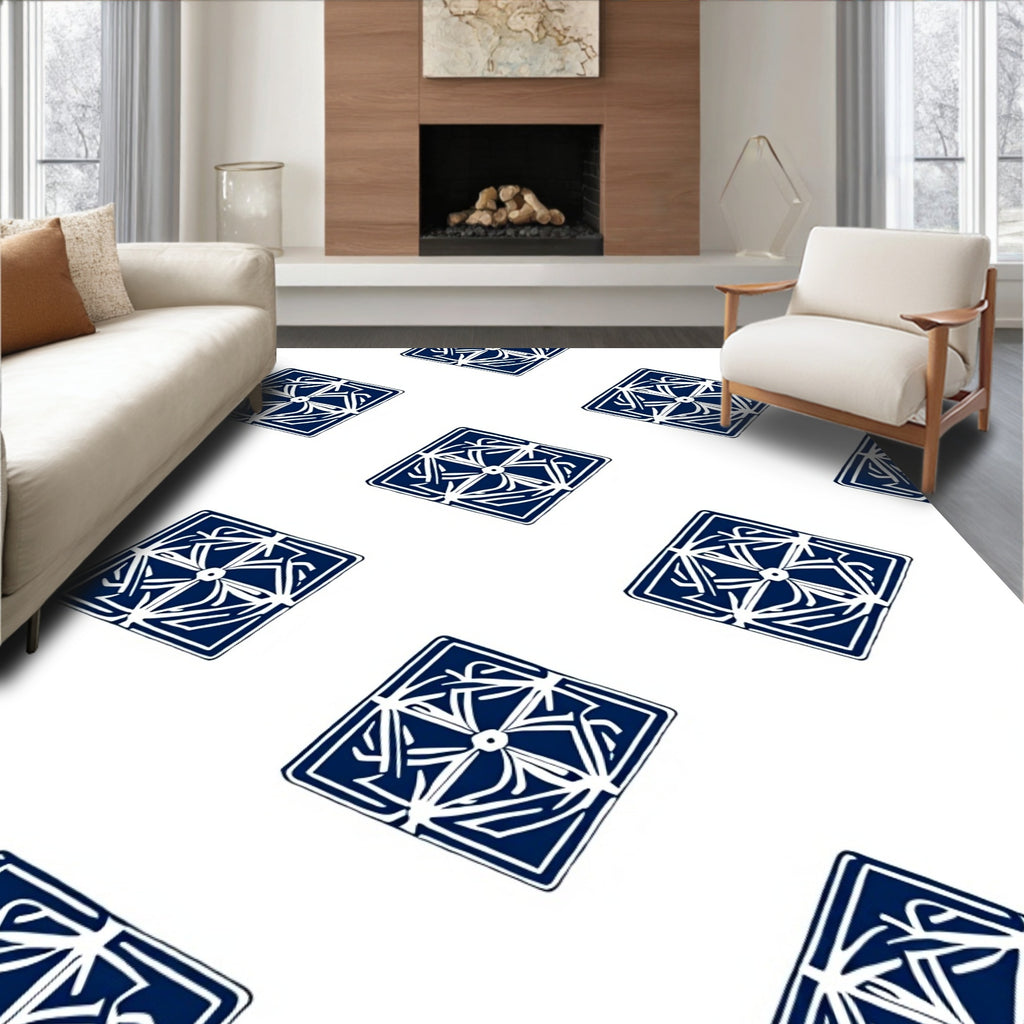 Intricate Blue White Geometric Motif Rug