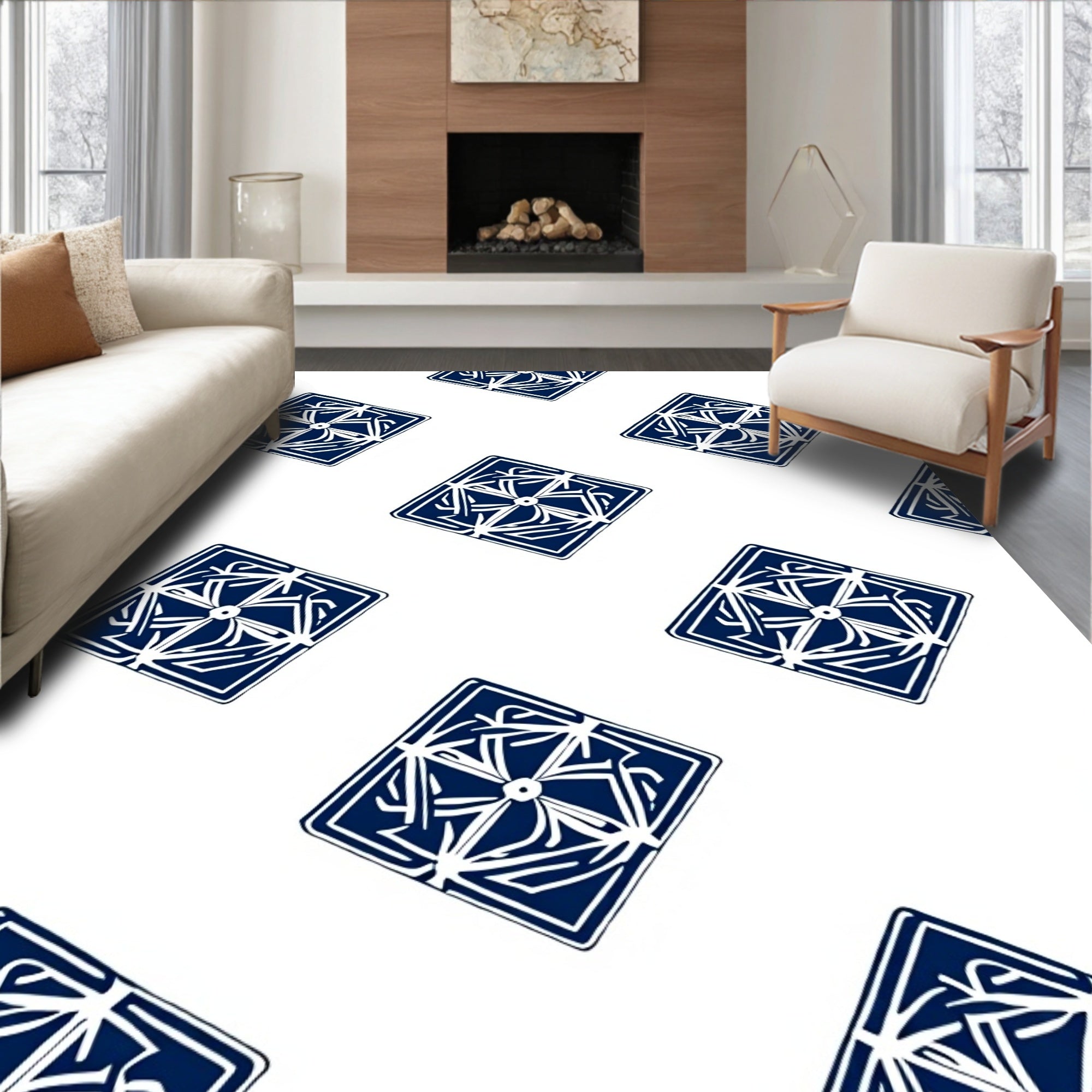 Intricate Blue White Geometric Motif Rug