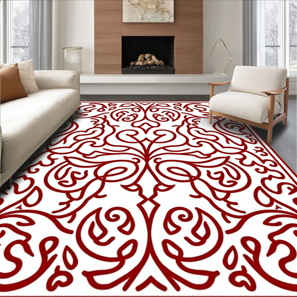 Classic Red Floral Scrollwork Design Rug