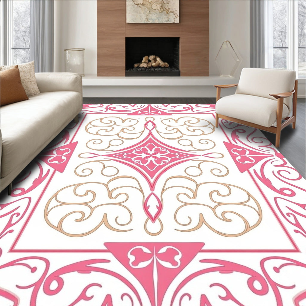 Pink and Gold Ornate Floral Tile Design Rug