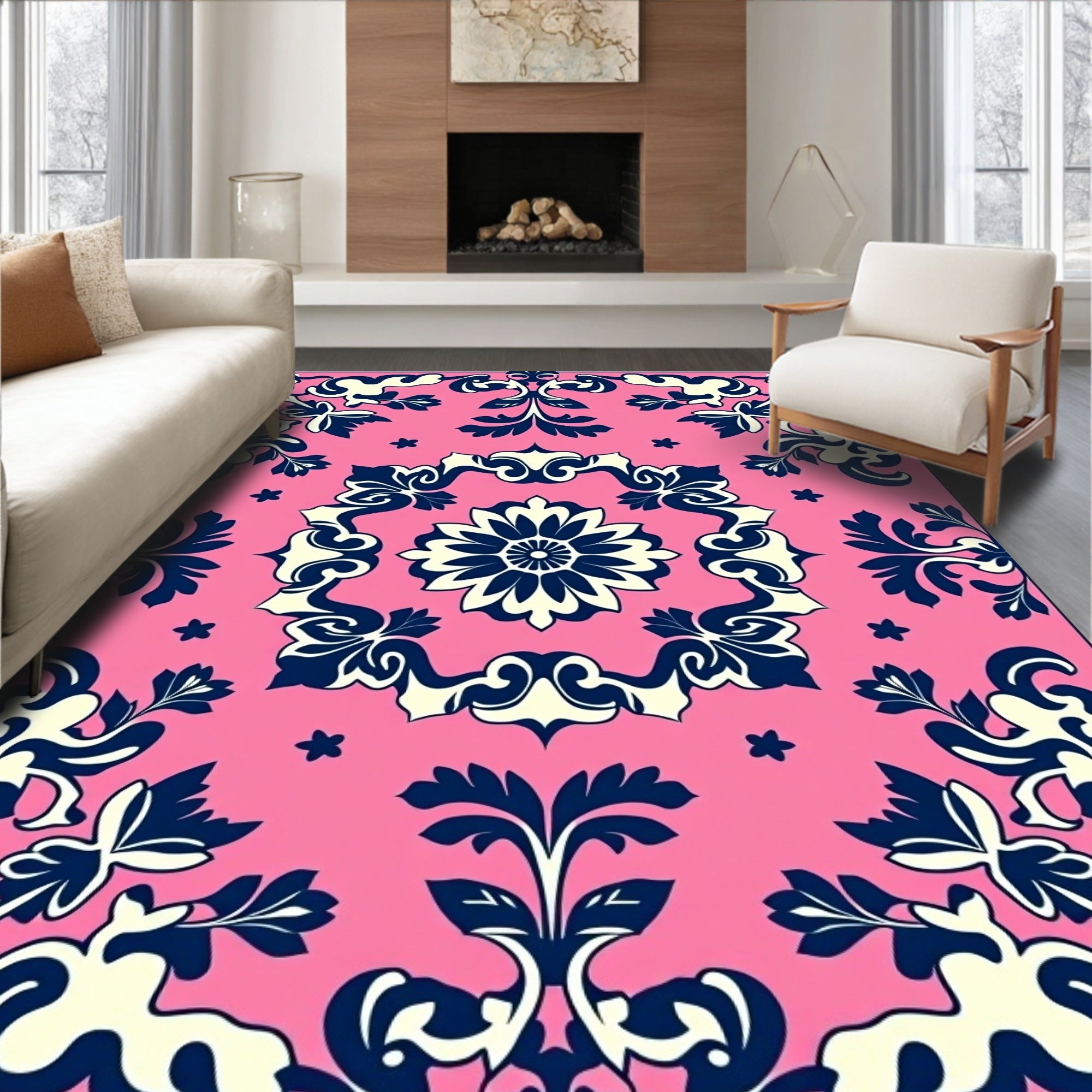 Pink Floral Scrollwork Damask Rug