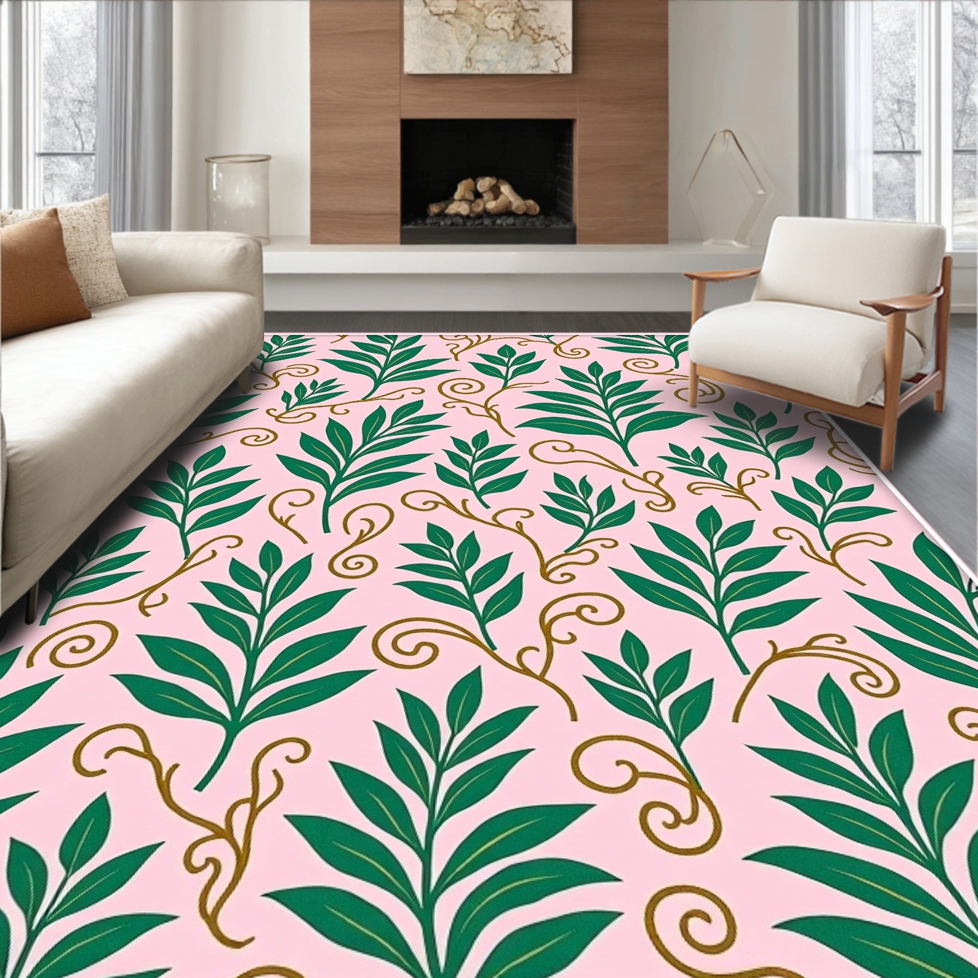 Green Leafy Vines Pink Pattern Rug