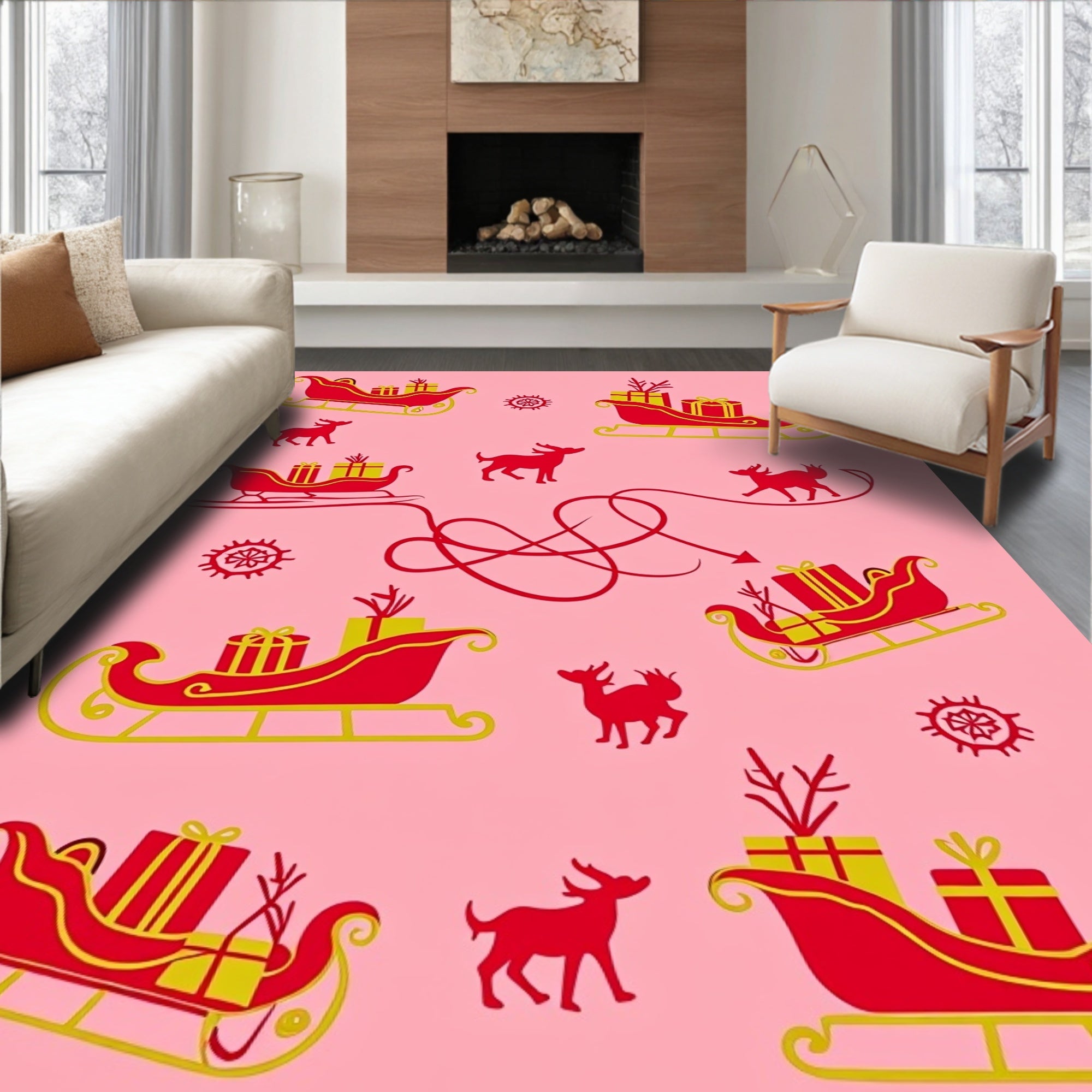 Red Sleighs With Gifts Reindeer Snowflakes Rug