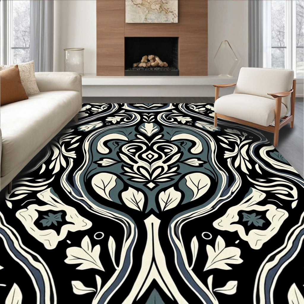 Elegant Black Cream Blue Floral Pattern Rug