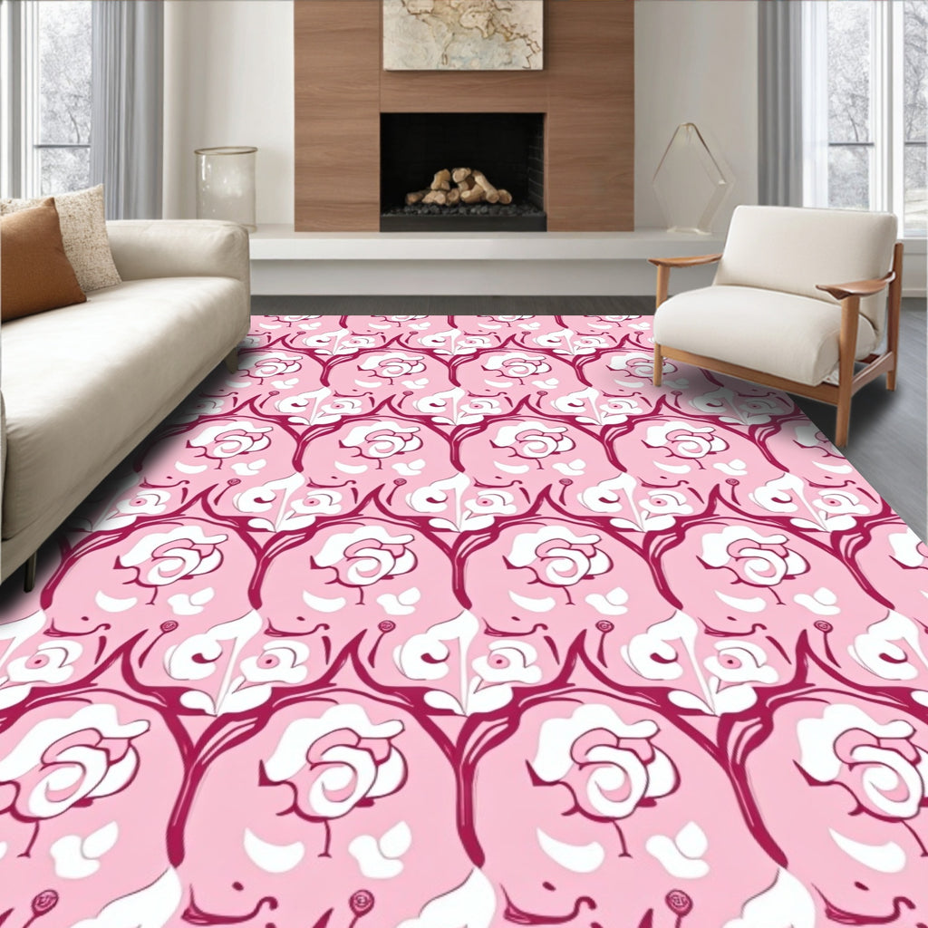 Pink Floral and Leaf Art Nouveau Rug