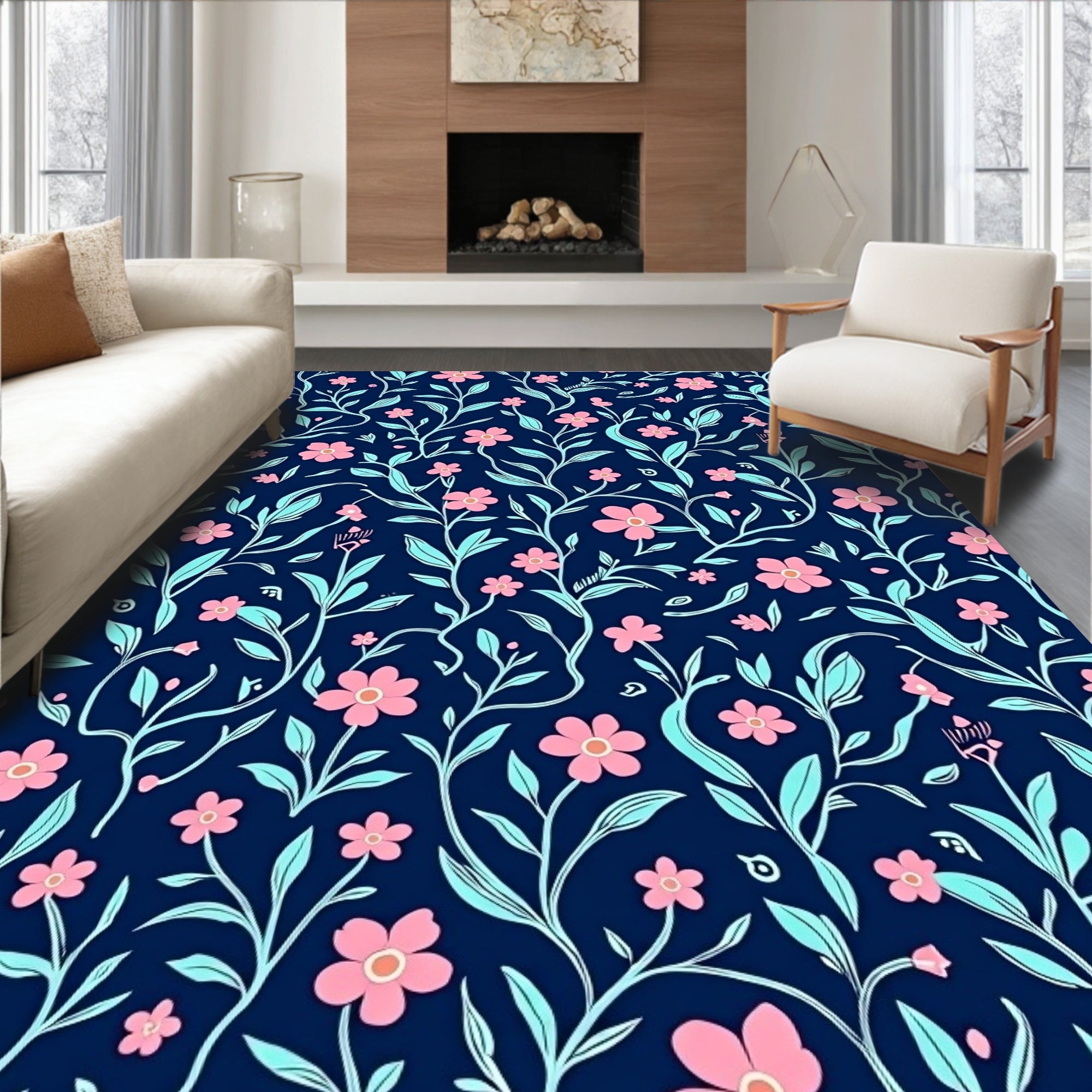 Charming Pink Floral Vine Pattern Rug