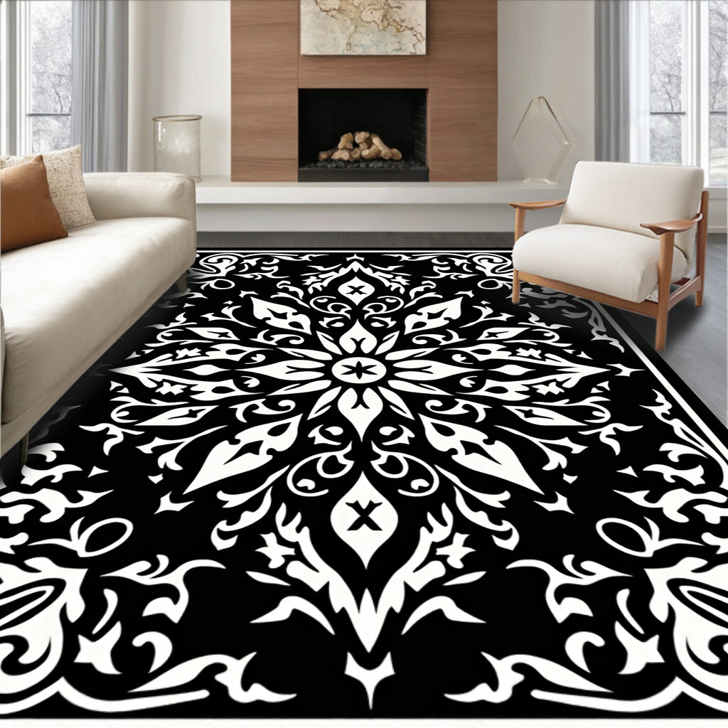 Intricate Black White Floral Medallion Rug