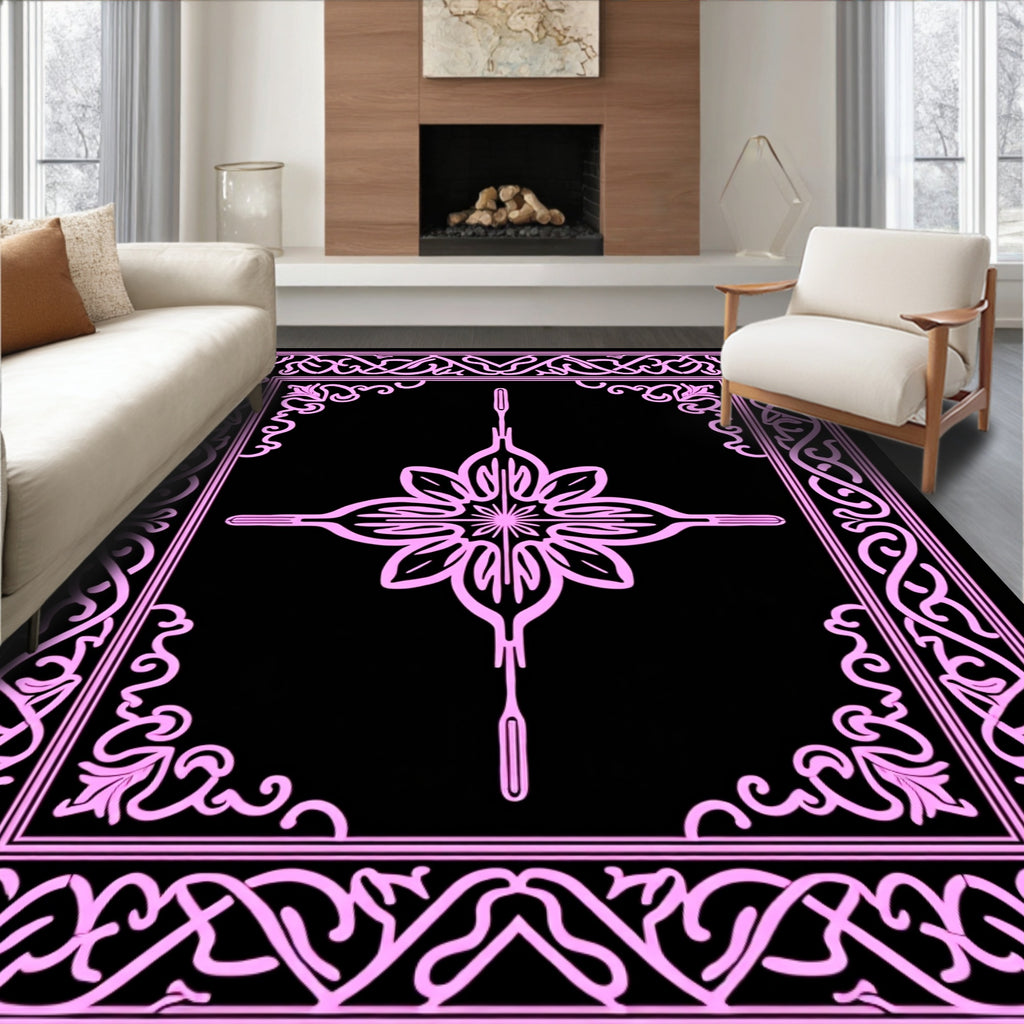 Elegant Pink Floral Scrollwork Framing Rug