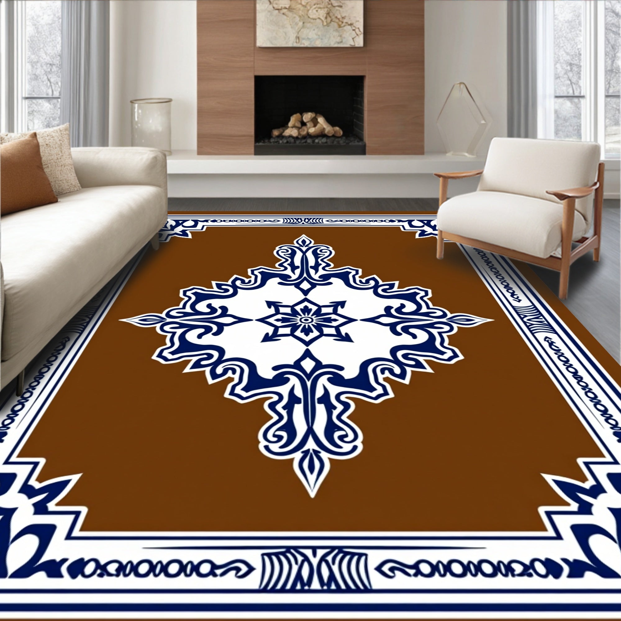 Brown With Blue Ornate Floral Design Rug