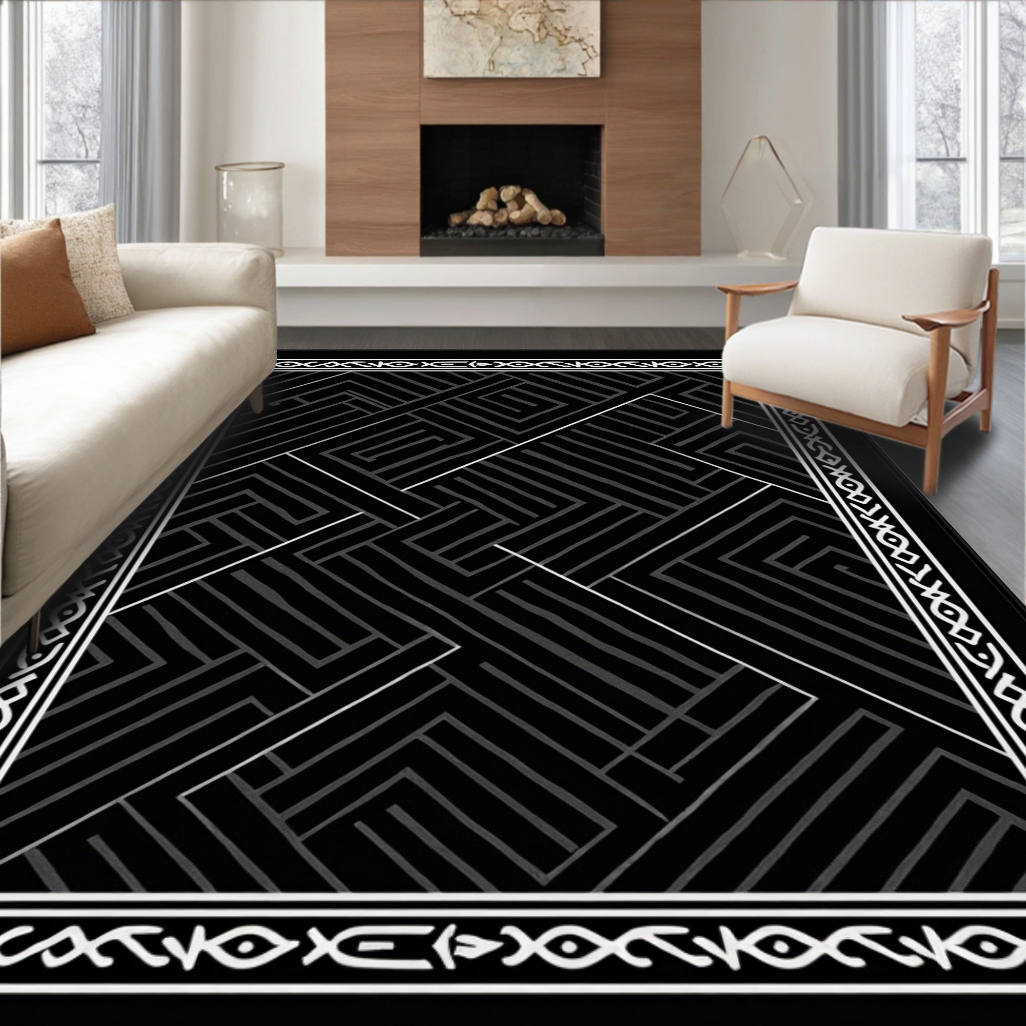 Geometric Maze Pattern Black White Rug