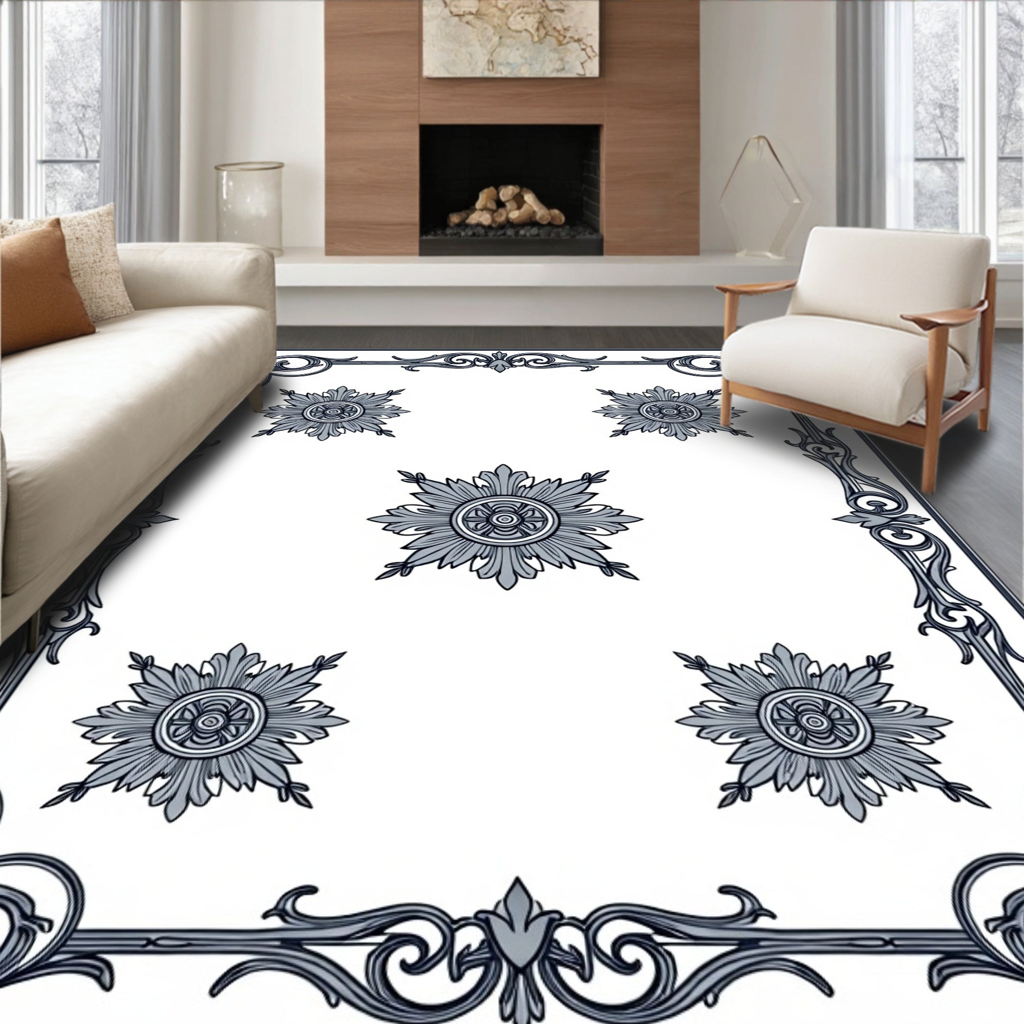 Ornate Floral Medallion Border Design Rug