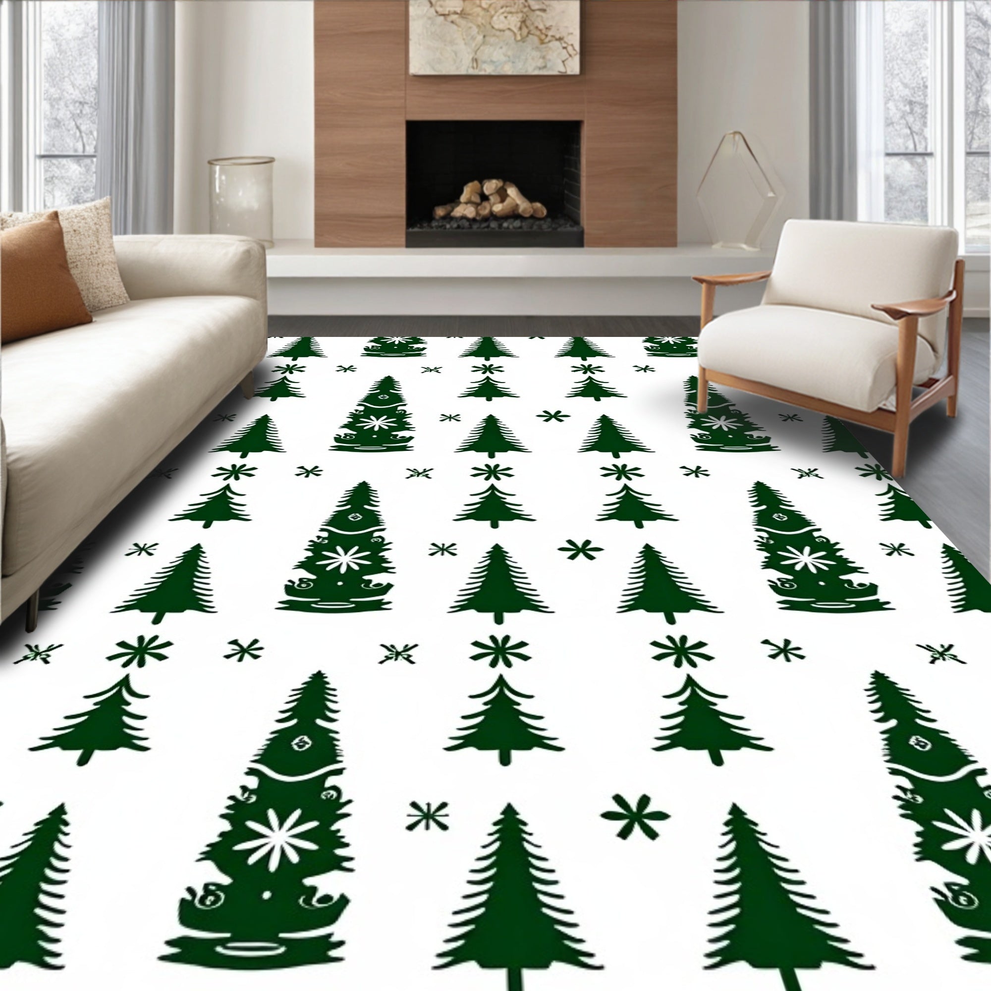 Deep Green Forest Winter Snowflakes Rug