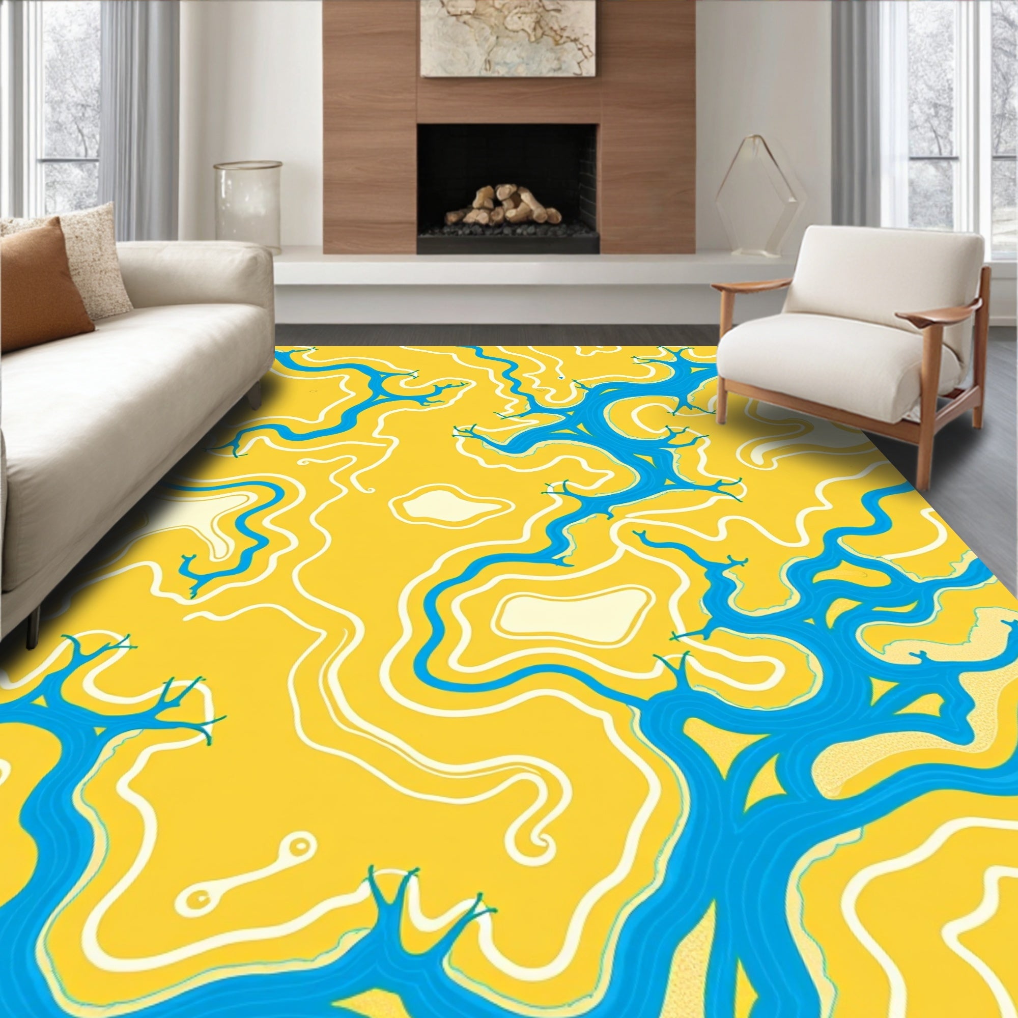 Abstract Blue River Yellow Pattern Rug