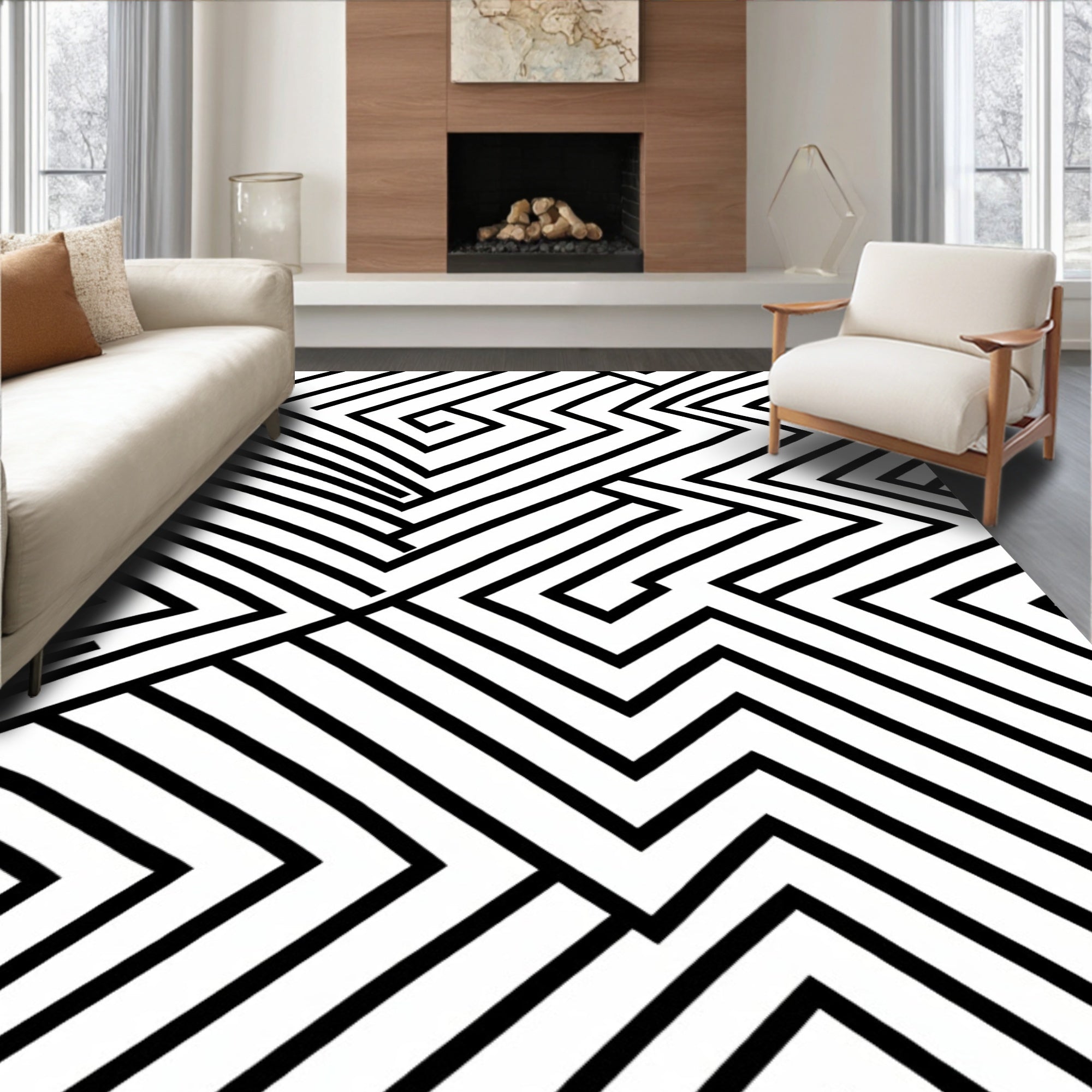 Monochromatic Geometric Maze Pattern Rug