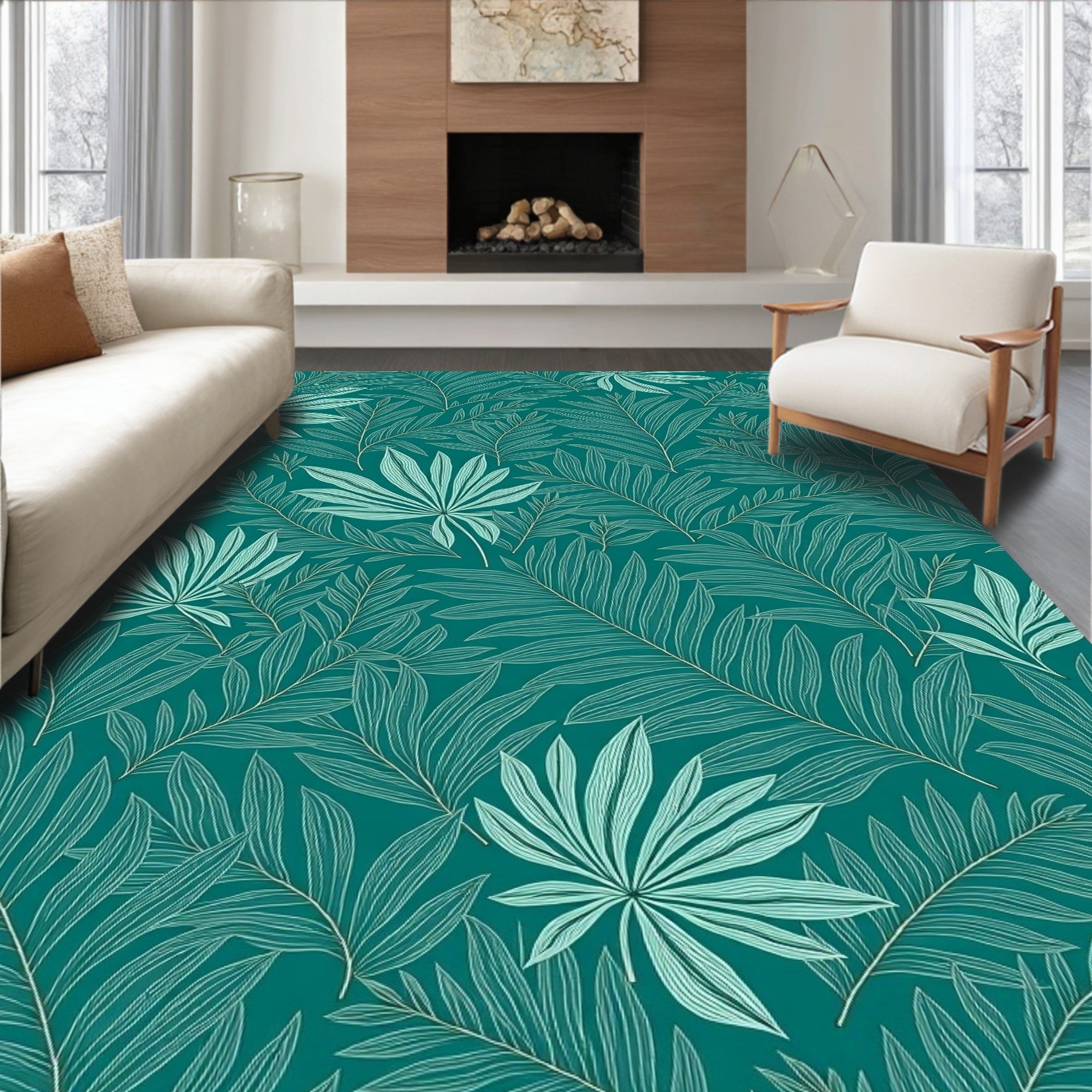 Teal Tropical Leaf Outline Pattern Rug